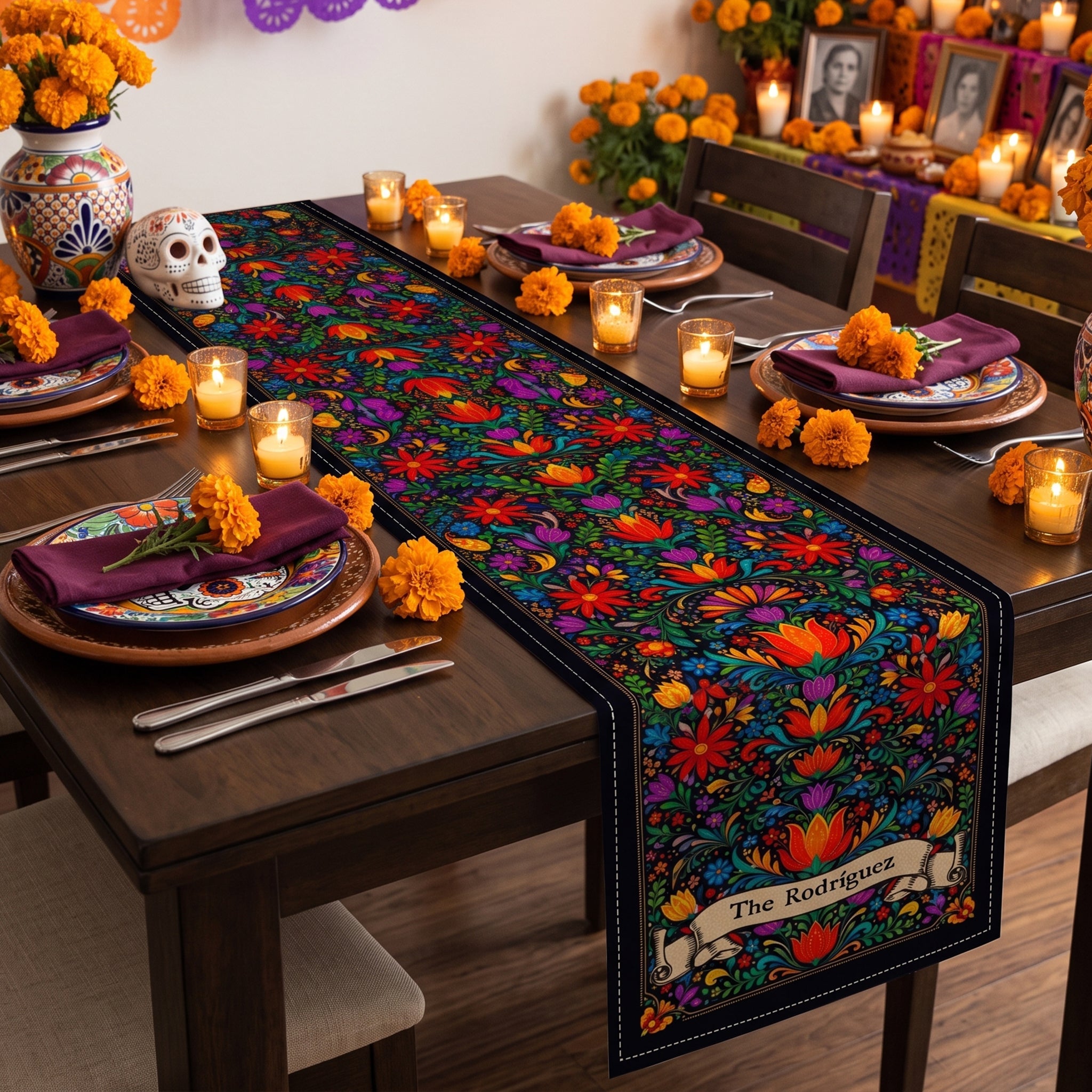 Mexican Cinco De Mayo Floral Fiesta Dia De Los Muertos - Personalized Table Runner