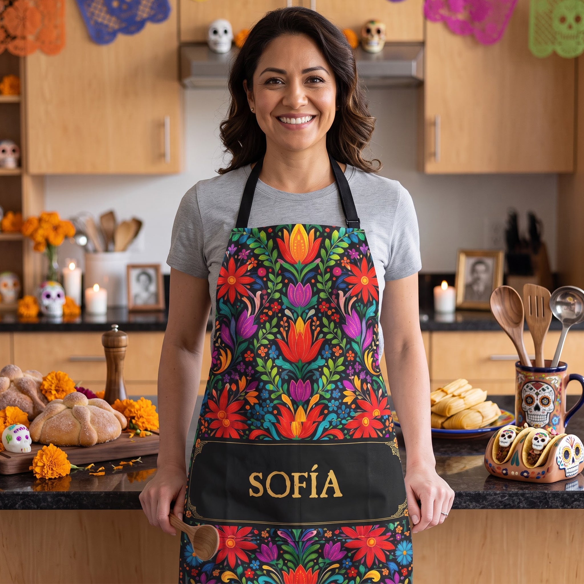 Mexican Cinco De Mayo Floral Fiesta Dia De Los Muertos - Personalized Apron