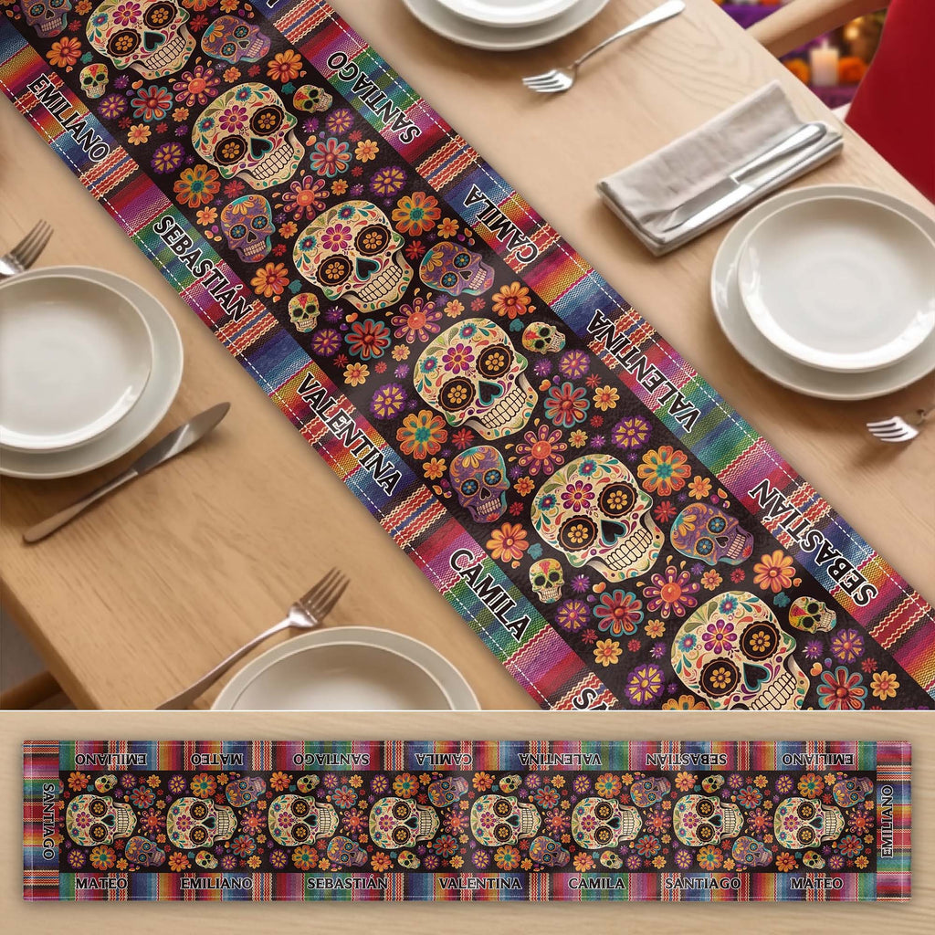 Mexican Day Of The Dead Festive Flowers And Sugar Skulls - Personalized Table Runner