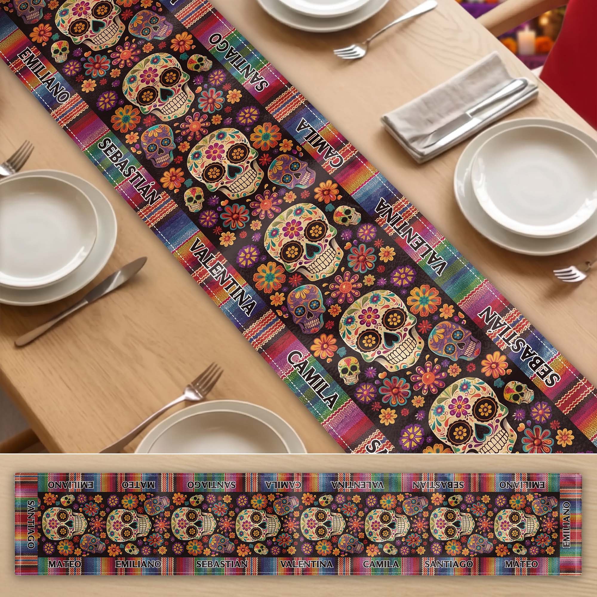 Mexican Day Of The Dead Festive Flowers And Sugar Skulls - Personalized Table Runner