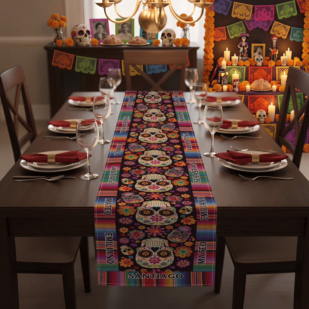 Mexican Day Of The Dead Festive Flowers And Sugar Skulls - Personalized Table Runner
