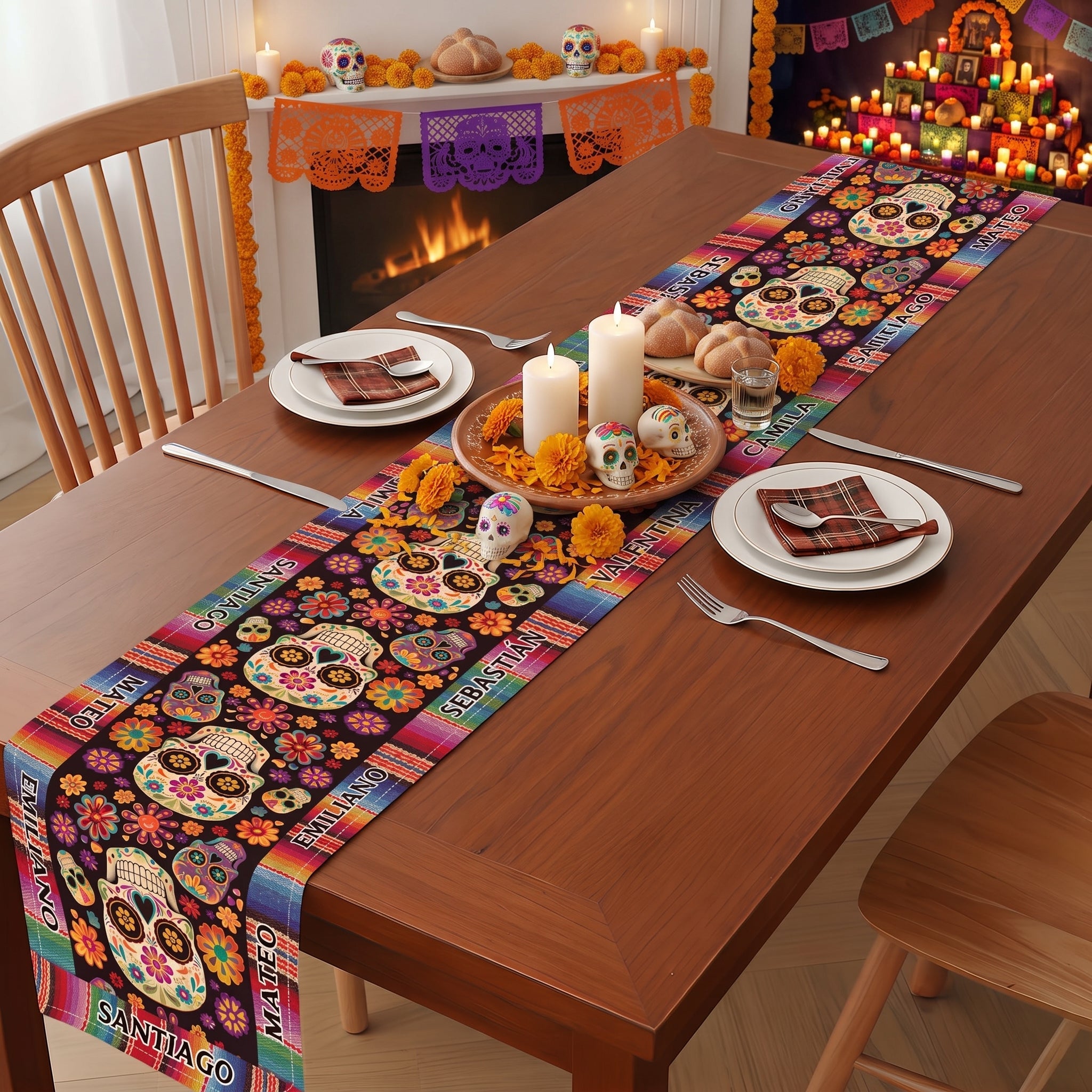 Mexican Day Of The Dead Festive Flowers And Sugar Skulls - Personalized Table Runner