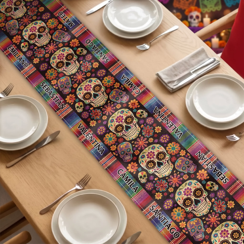 Mexican Day Of The Dead Festive Flowers And Sugar Skulls - Personalized Table Runner