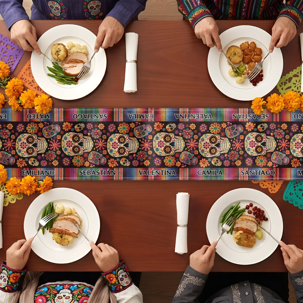 Mexican Day Of The Dead Festive Flowers And Sugar Skulls - Personalized Table Runner