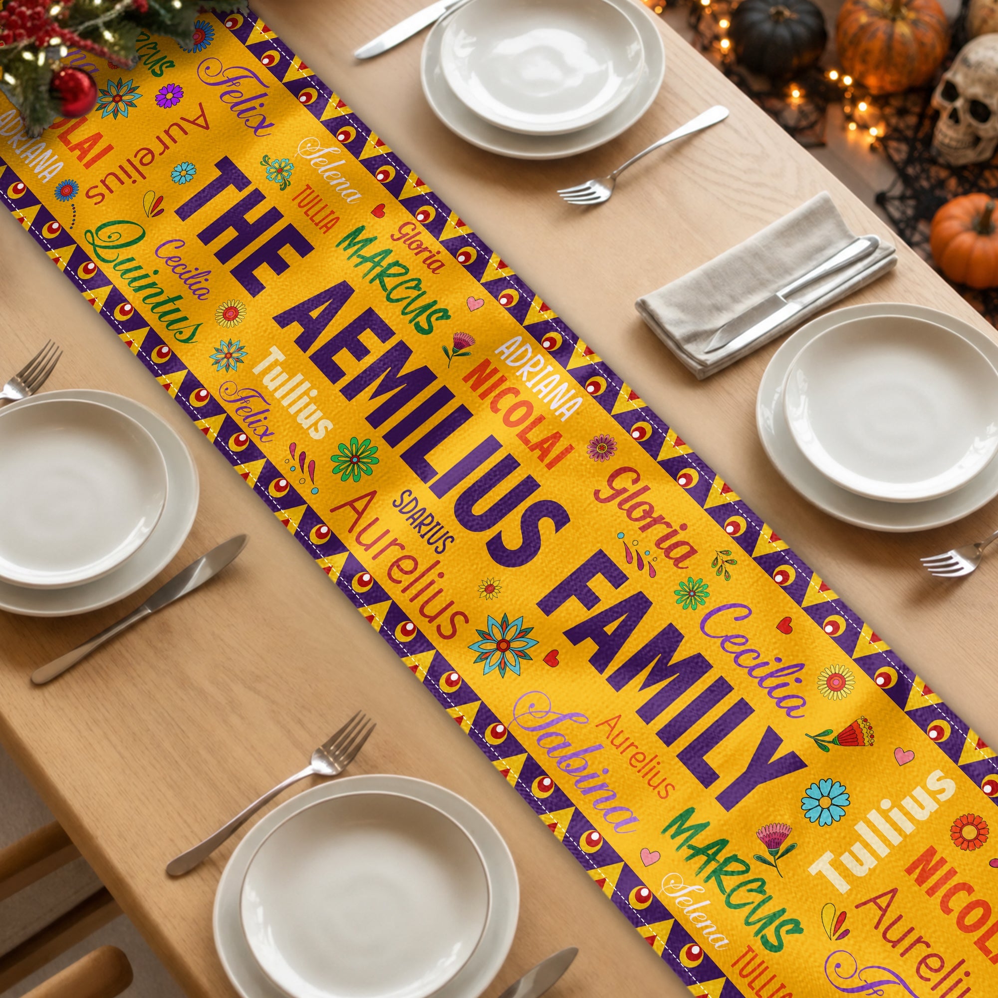 Mexican Day Of The Dead Festive Flowers Repeating Names - Personalized Table Runner