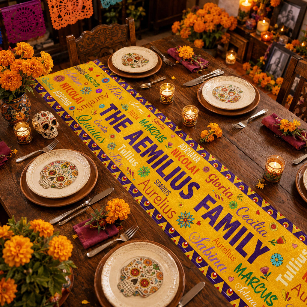 Mexican Day Of The Dead Festive Flowers Repeating Names - Personalized Table Runner