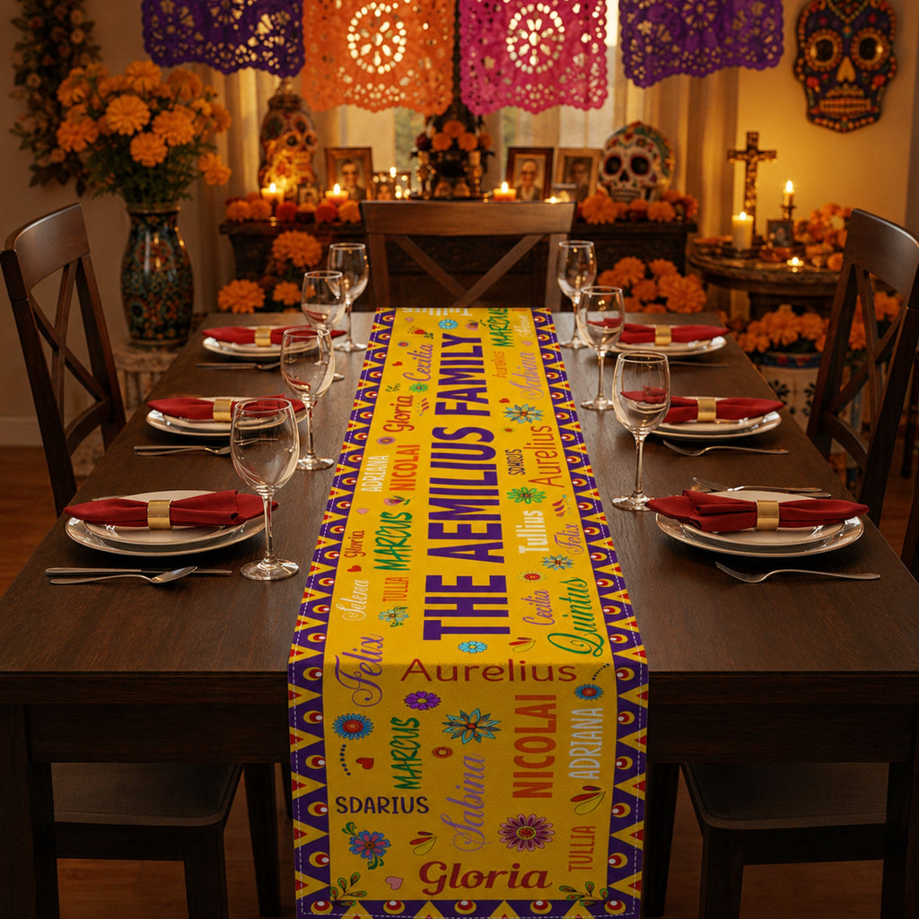 Mexican Day Of The Dead Festive Flowers Repeating Names - Personalized Table Runner