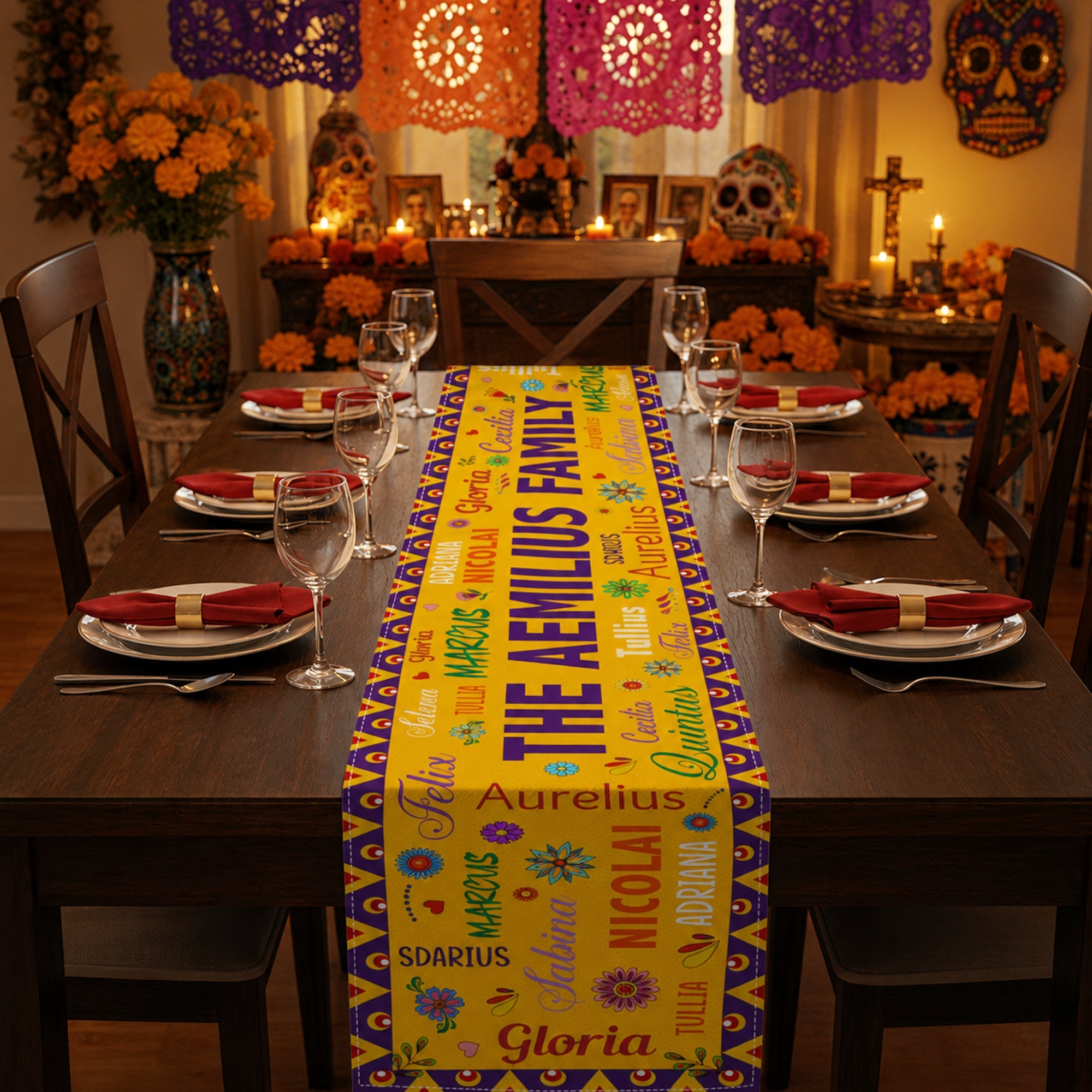 Mexican Day Of The Dead Festive Flowers Repeating Names - Personalized Table Runner