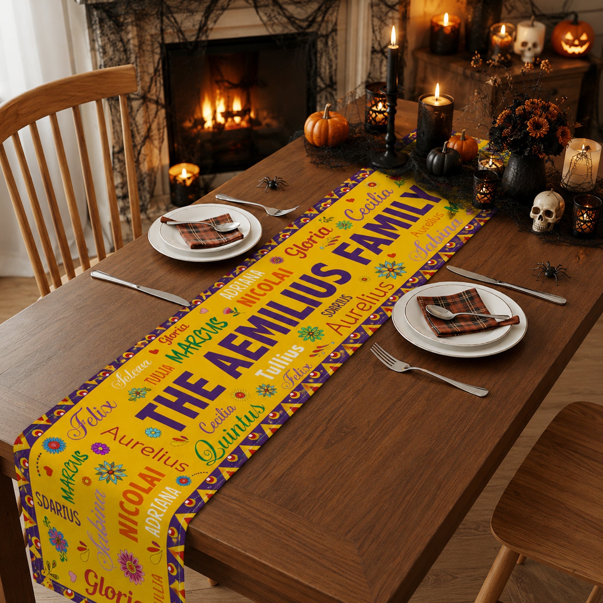 Mexican Day Of The Dead Festive Flowers Repeating Names - Personalized Table Runner
