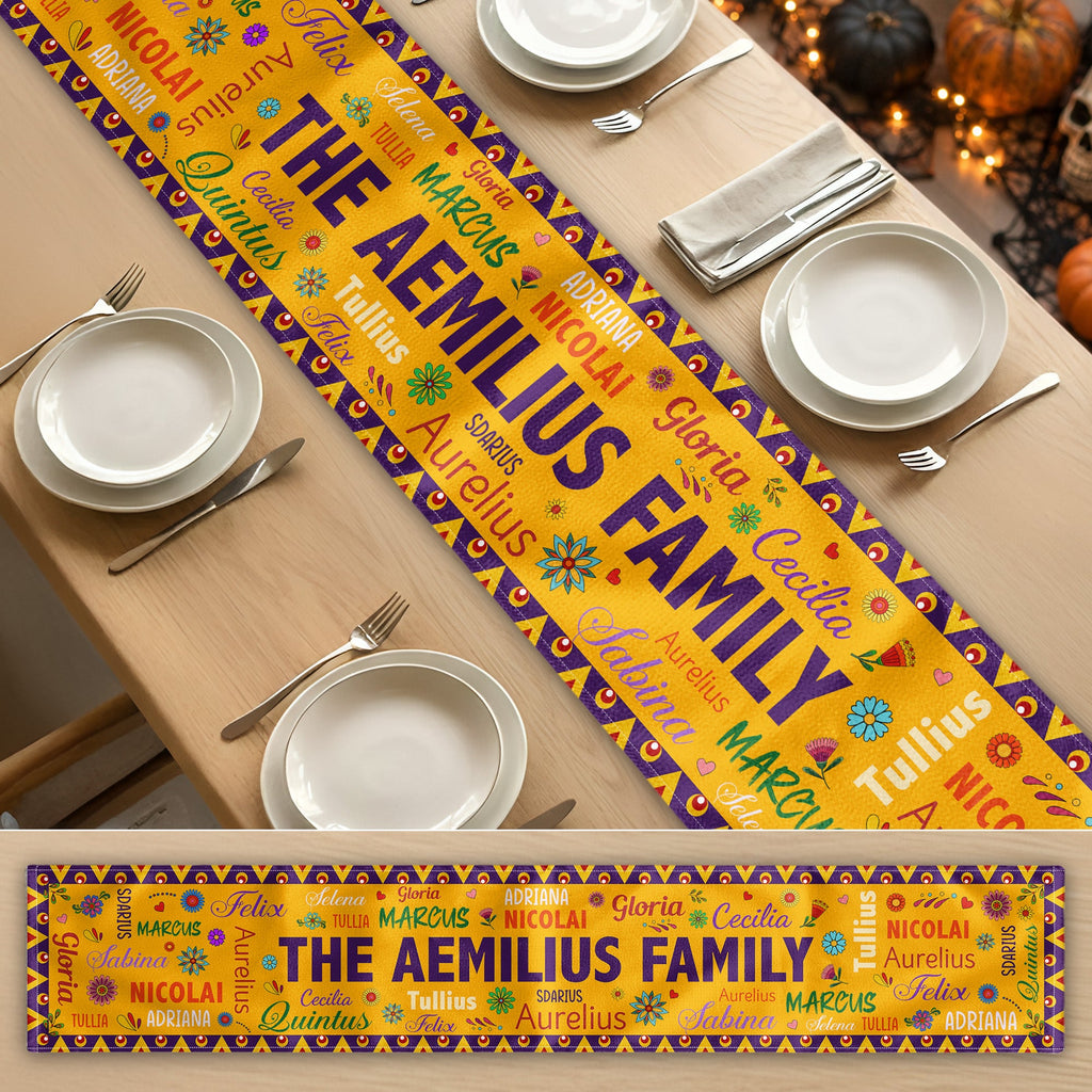 Mexican Day Of The Dead Festive Flowers Repeating Names - Personalized Table Runner