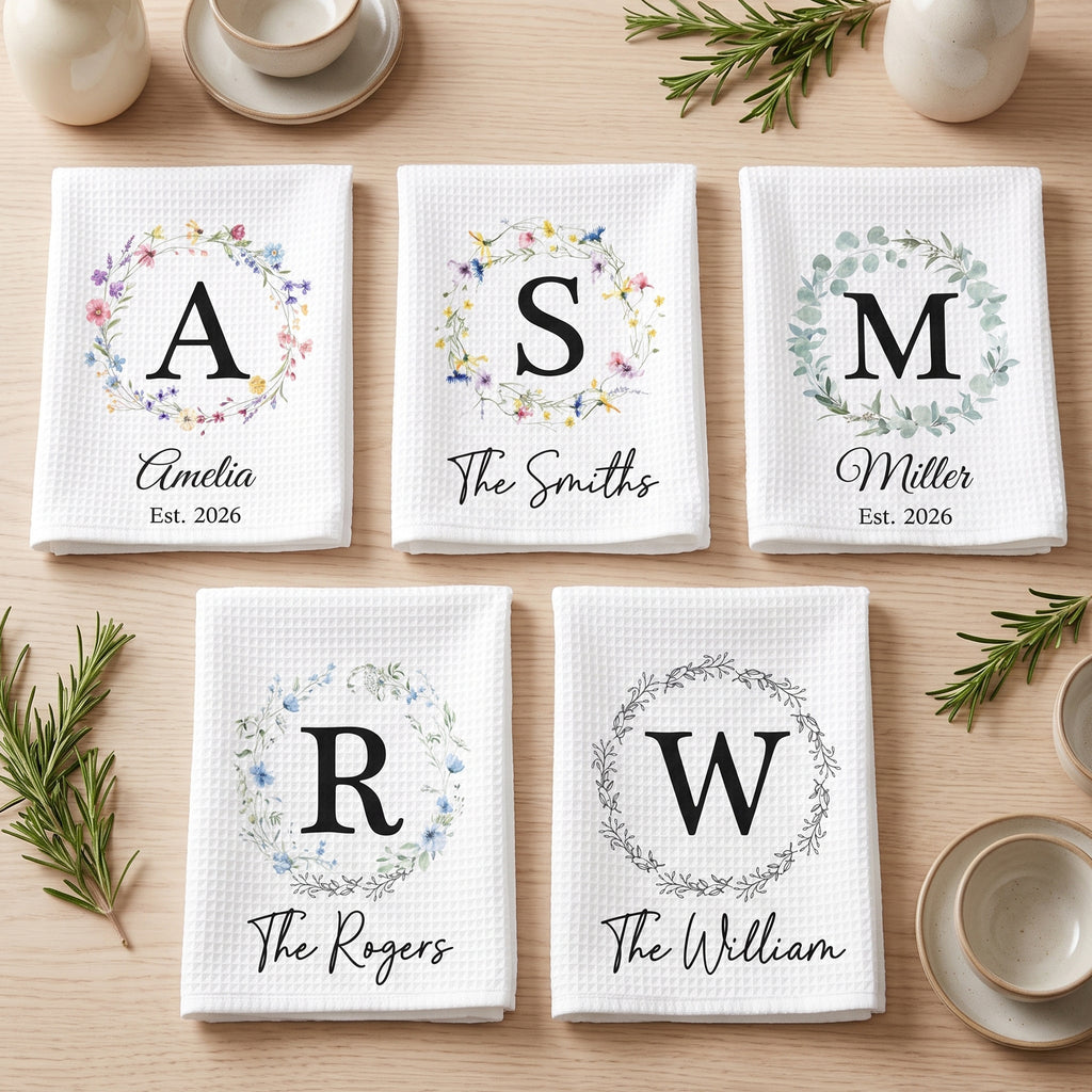 Monogram Initial, Custom Family Name, Housewarming Gift - Personalized Kitchen Towel