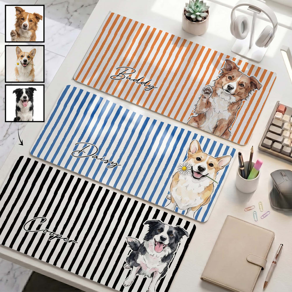 New Version Custom Pet Portrait Watecolor Striped Pattern - Personalized Desk Mat