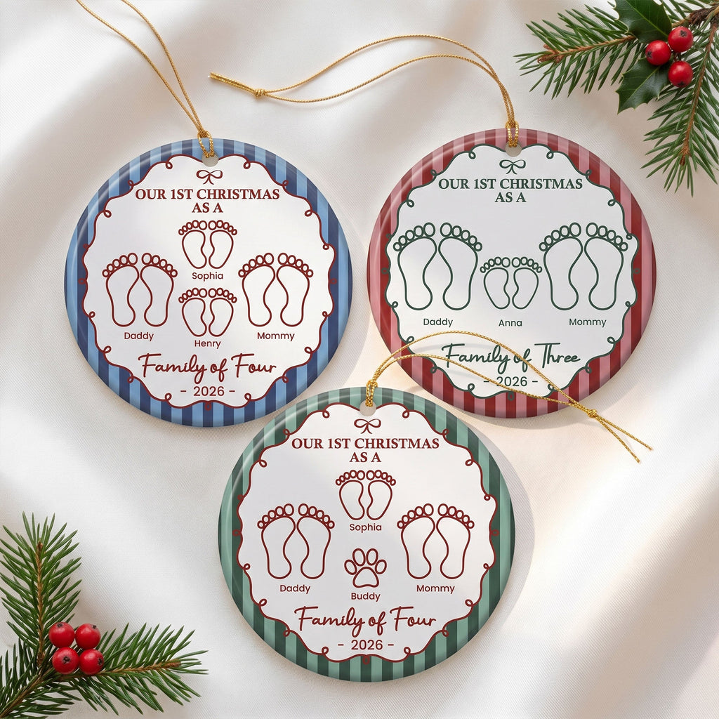 Our First Christmas As A Family Of Three, Four, Five, Six Striped Pattern - Personalized Ornament