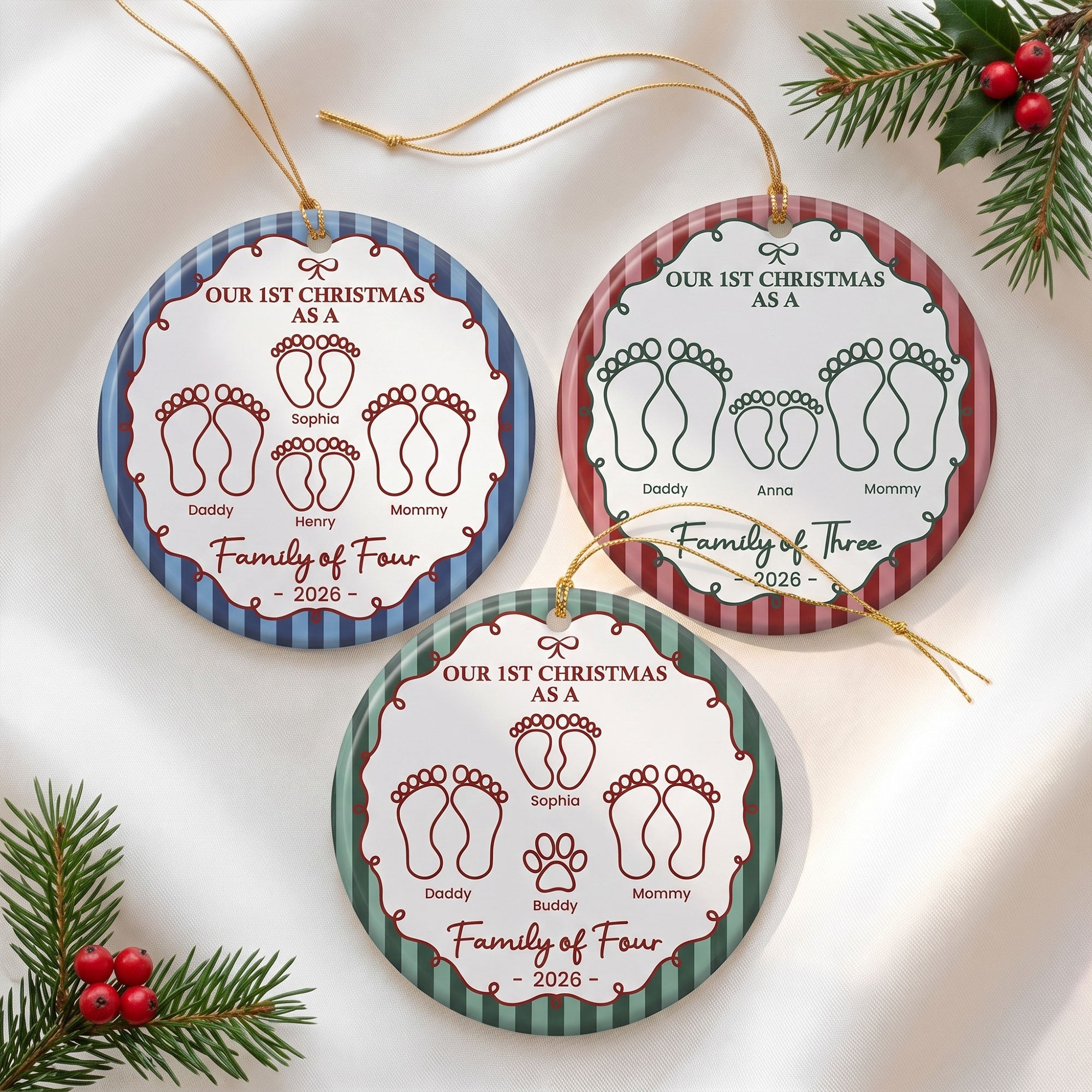 Our First Christmas As A Family Of Three, Four, Five, Six Striped Pattern - Personalized Ornament