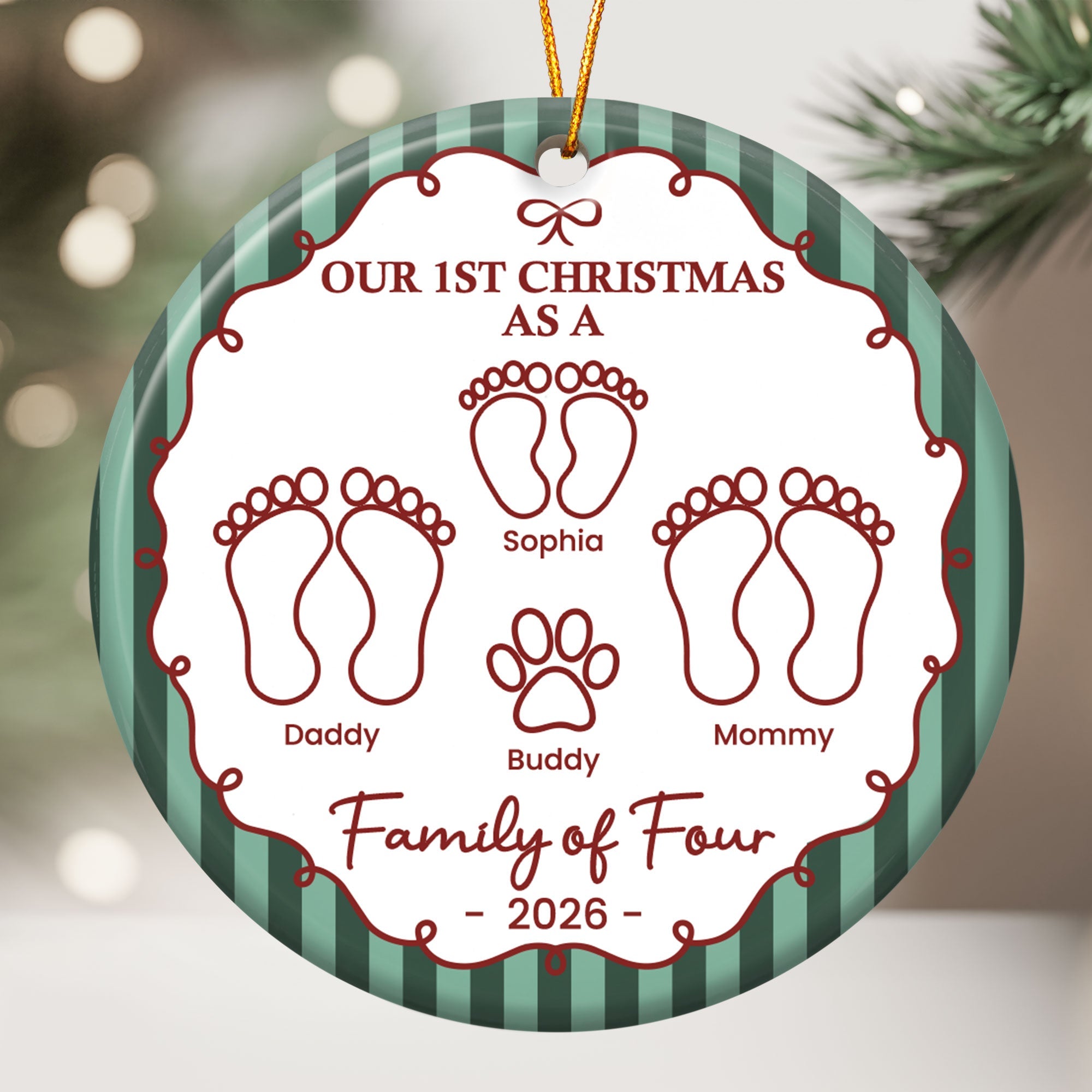 Our First Christmas As A Family Of Three, Four, Five, Six Striped Pattern - Personalized Ornament