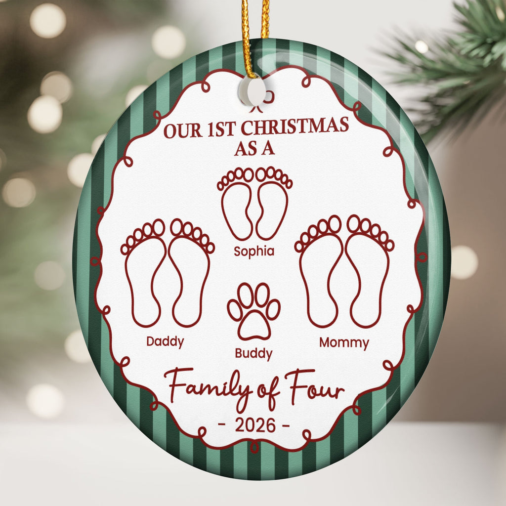 Our First Christmas As A Family Of Three, Four, Five, Six Striped Pattern - Personalized Ornament