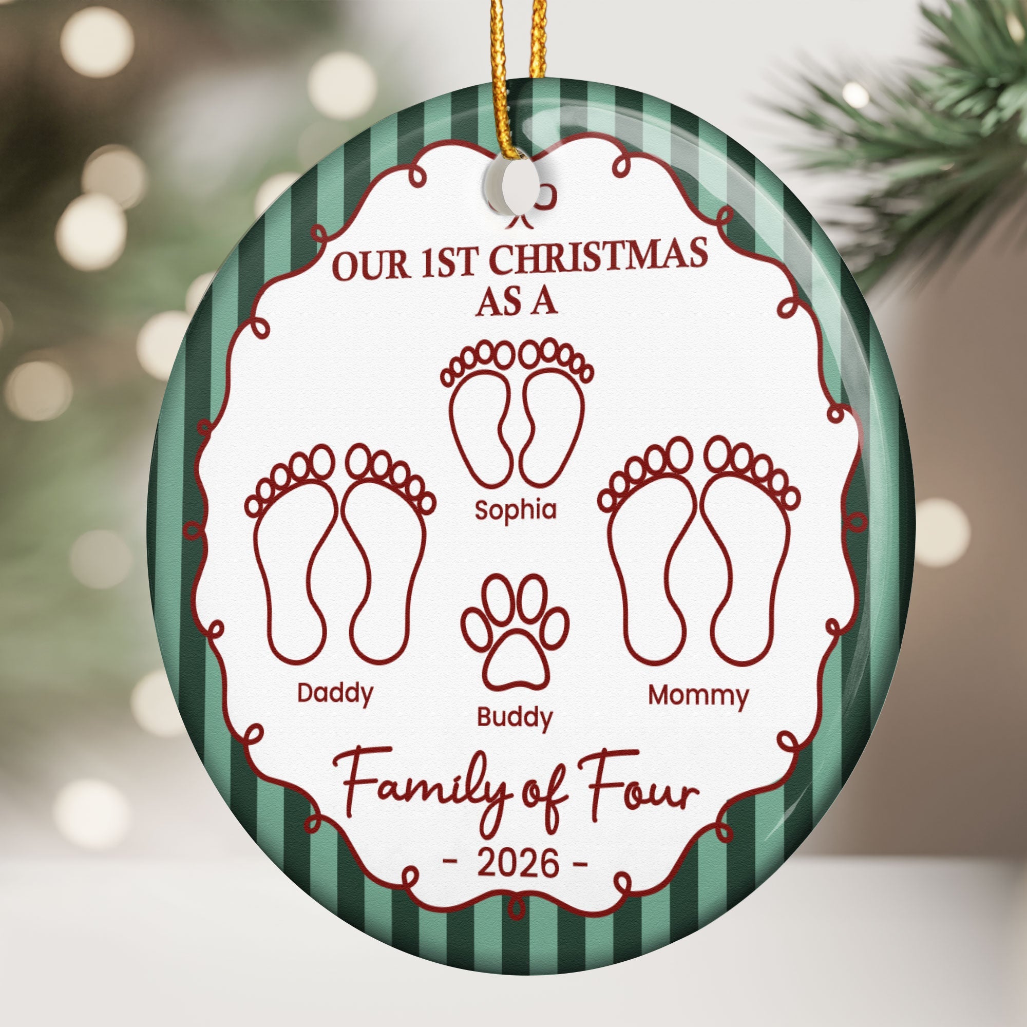 Our First Christmas As A Family Of Three, Four, Five, Six Striped Pattern - Personalized Ornament