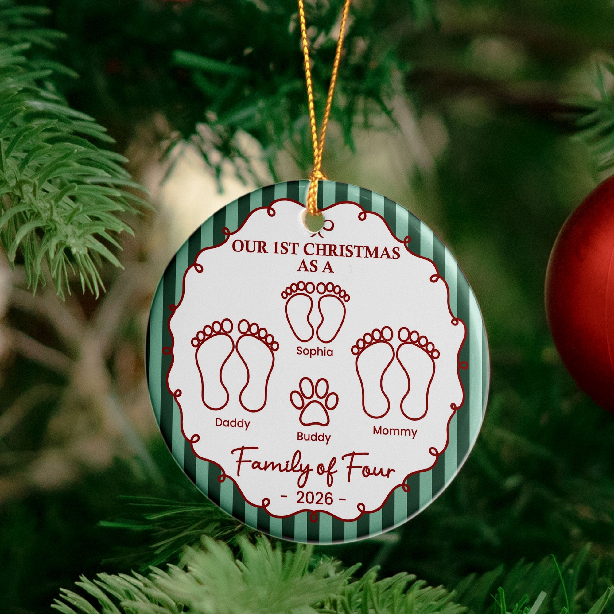 Our First Christmas As A Family Of Three, Four, Five, Six Striped Pattern - Personalized Ornament