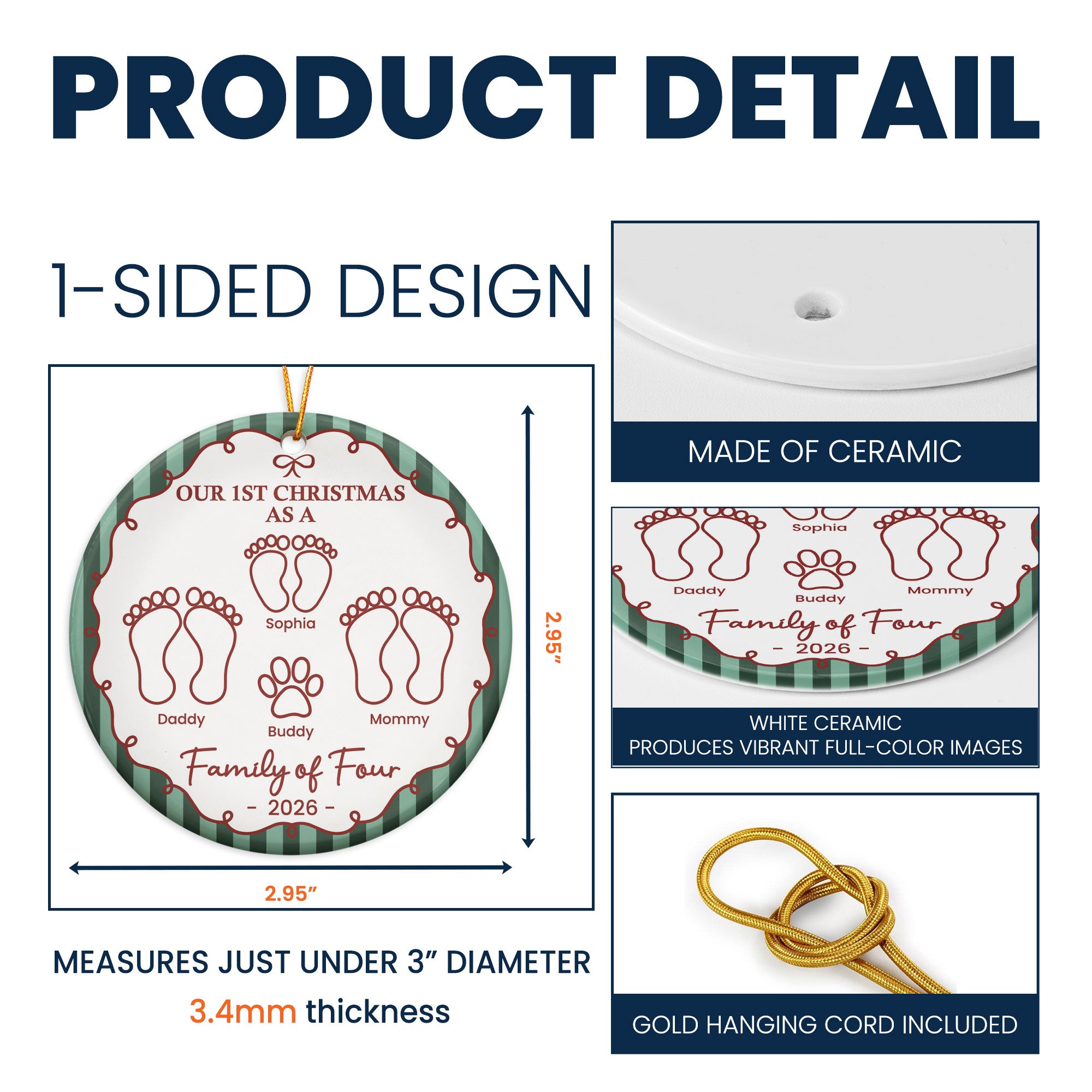 Our First Christmas As A Family Of Three, Four, Five, Six Striped Pattern - Personalized Ornament