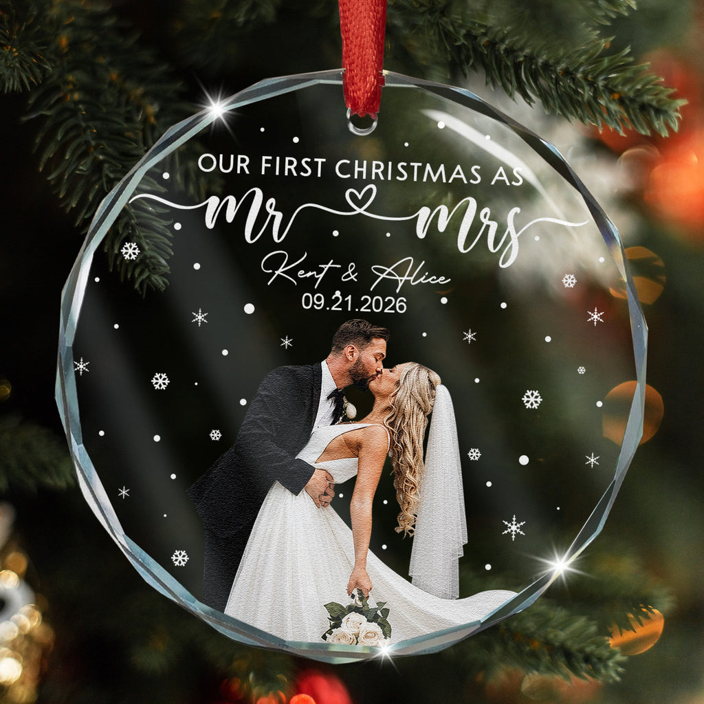 Our First Christmas As Mr & Mrs - Custom Newlywed Couple Photo - Personalized Ornament