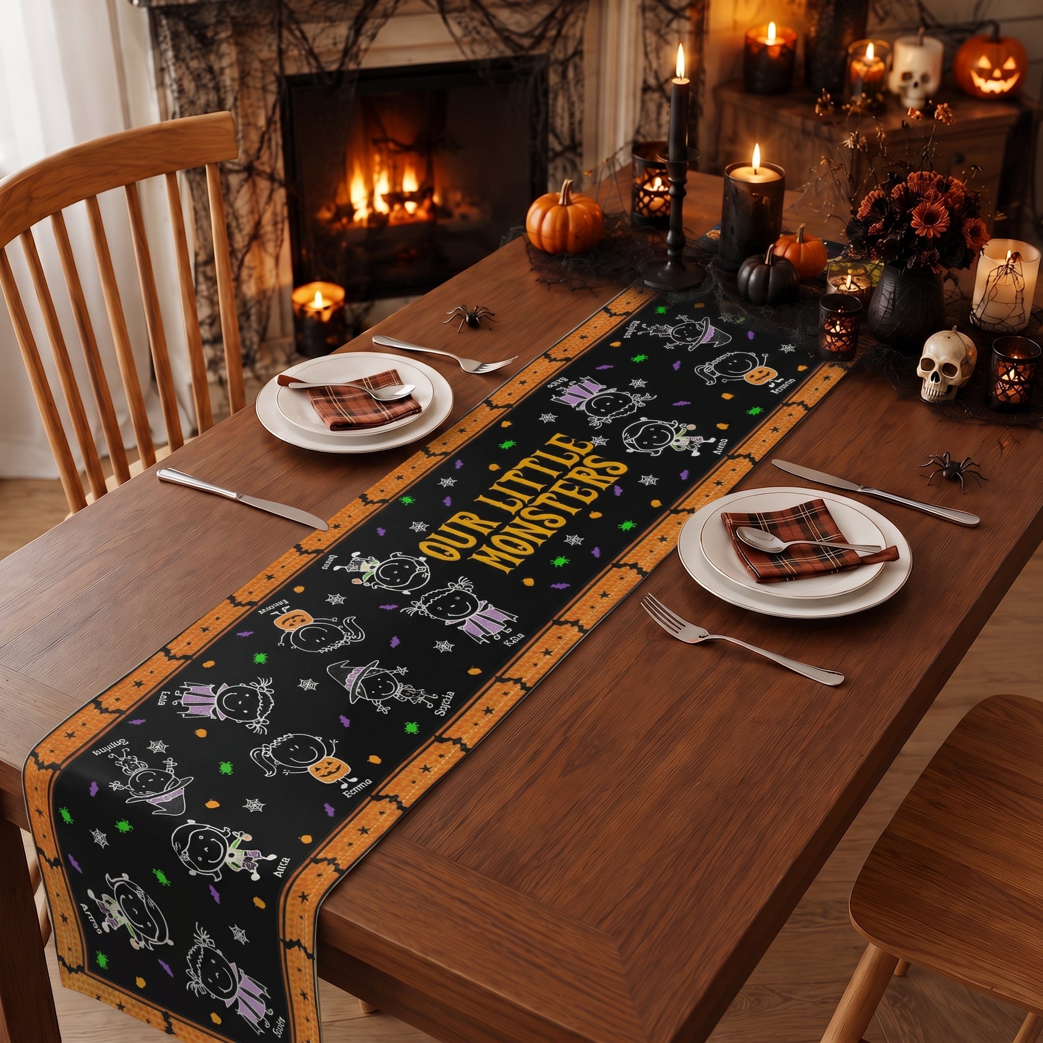 Our Little Monsters Halloween Doodle - Personalized Table Runner