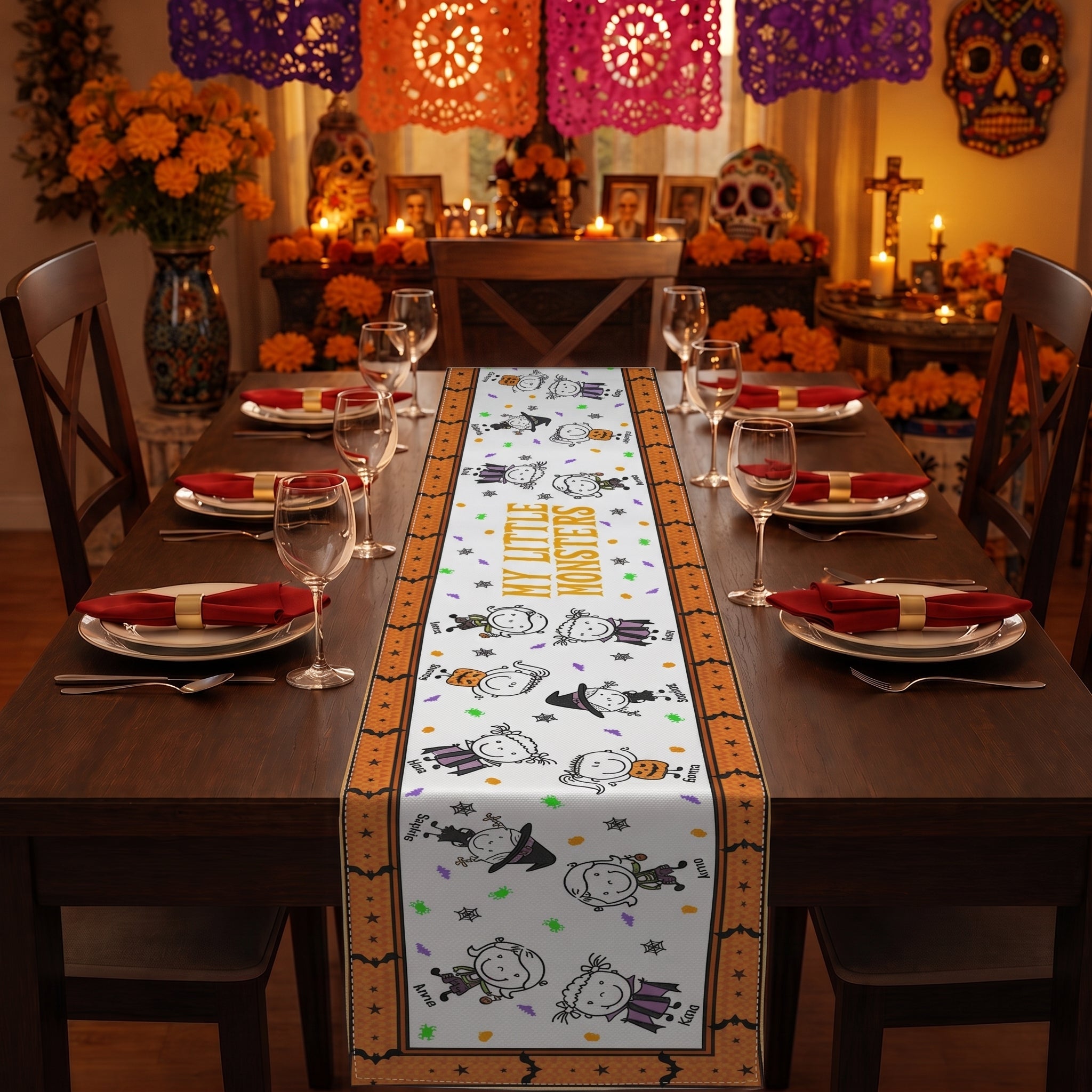 Our Little Monsters Halloween Doodle - Personalized Table Runner