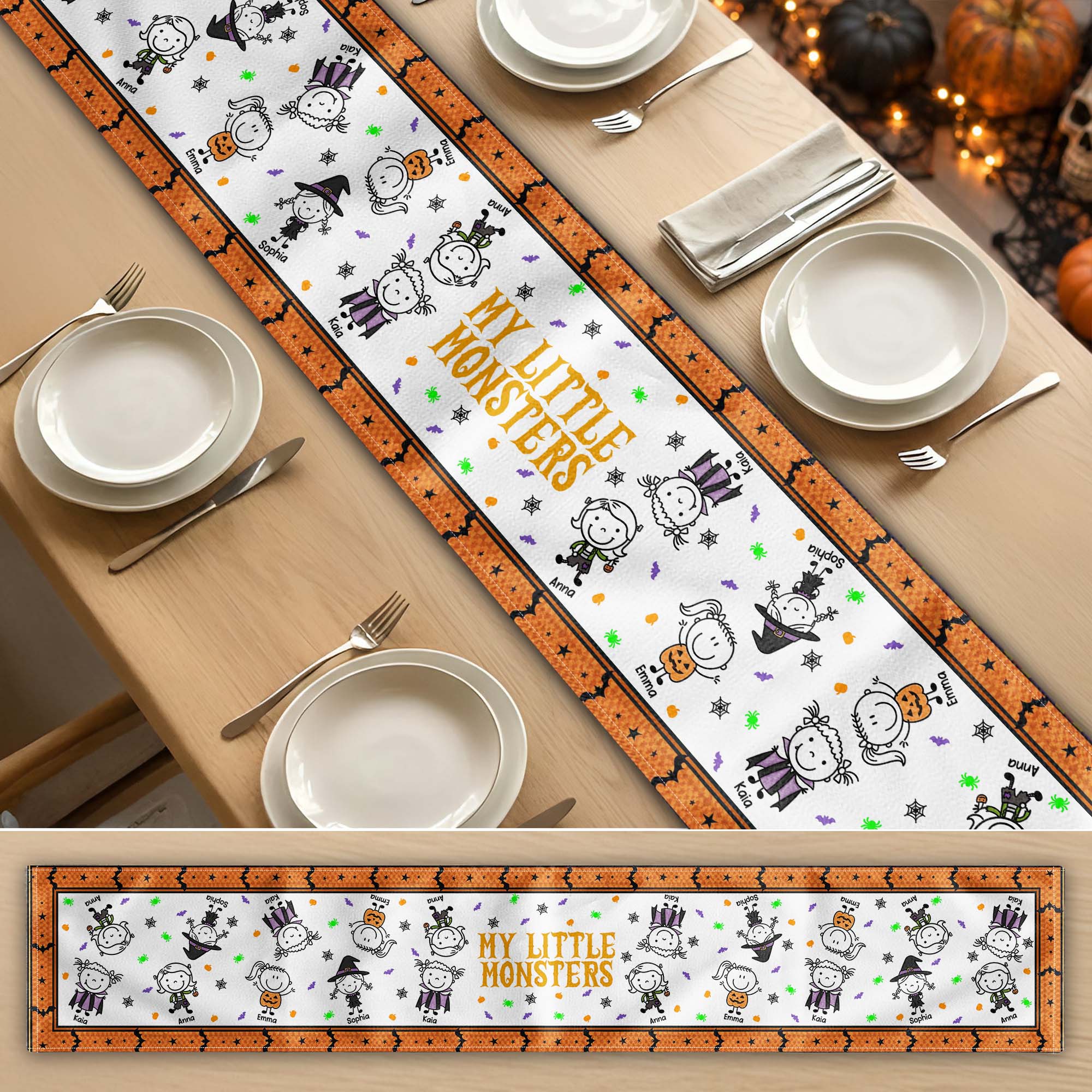 Our Little Monsters Halloween Doodle - Personalized Table Runner