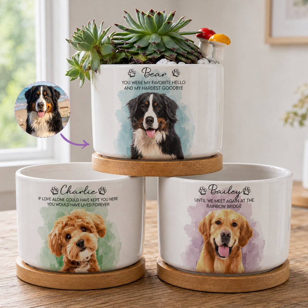 Pet Watercolor Ceramic Planter, Loss Of Pet Gift - Personalized Plant Pot