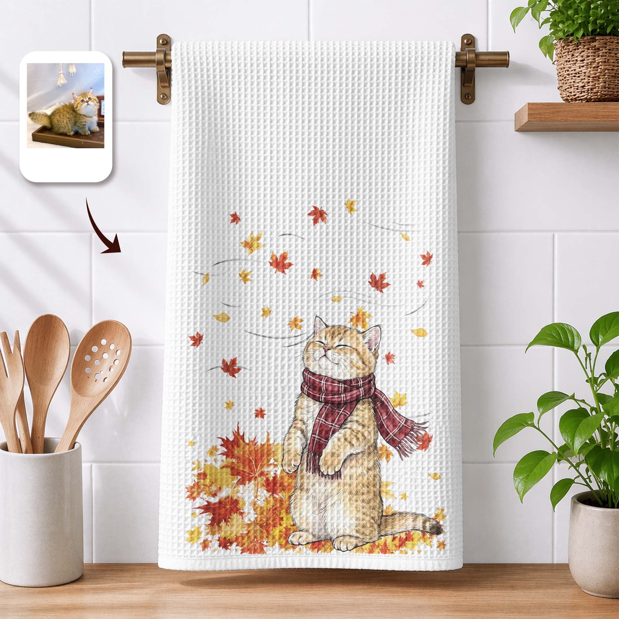 Pet With Fall Leaves Art Fall Decor - Personalized Kitchen Towel