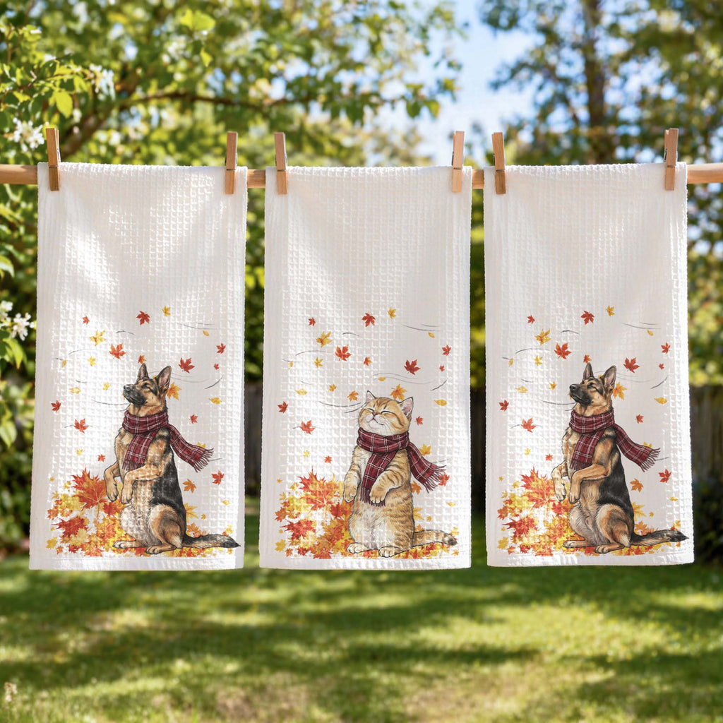 Pet With Fall Leaves Art Fall Decor - Personalized Kitchen Towel