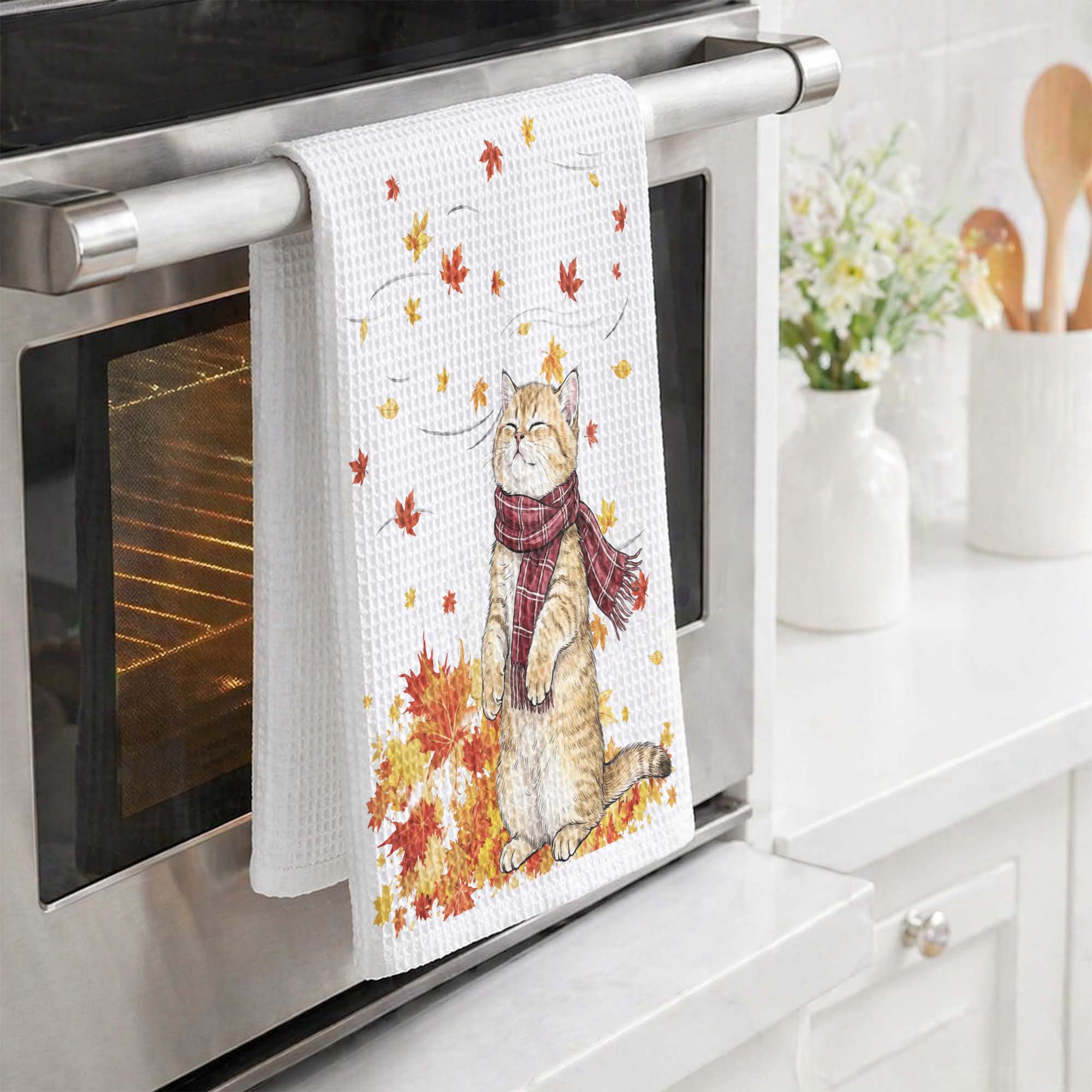 Pet With Fall Leaves Art Fall Decor - Personalized Kitchen Towel