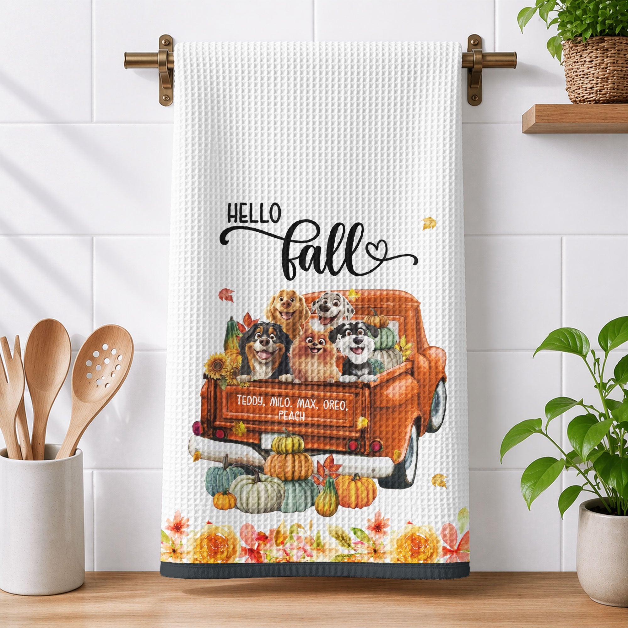 Pet With Pumpkin Truck Art Fall Decor - Personalized Kitchen Towel