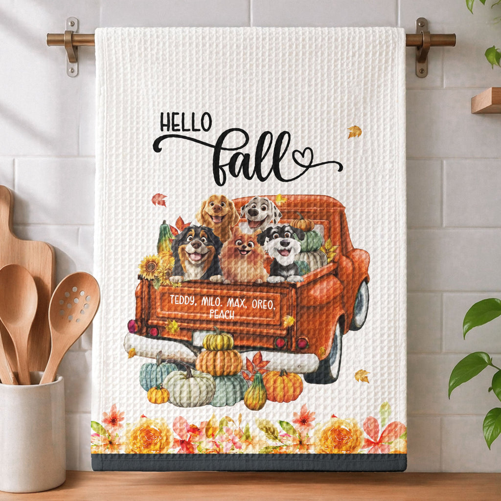 Pet With Pumpkin Truck Art Fall Decor - Personalized Kitchen Towel