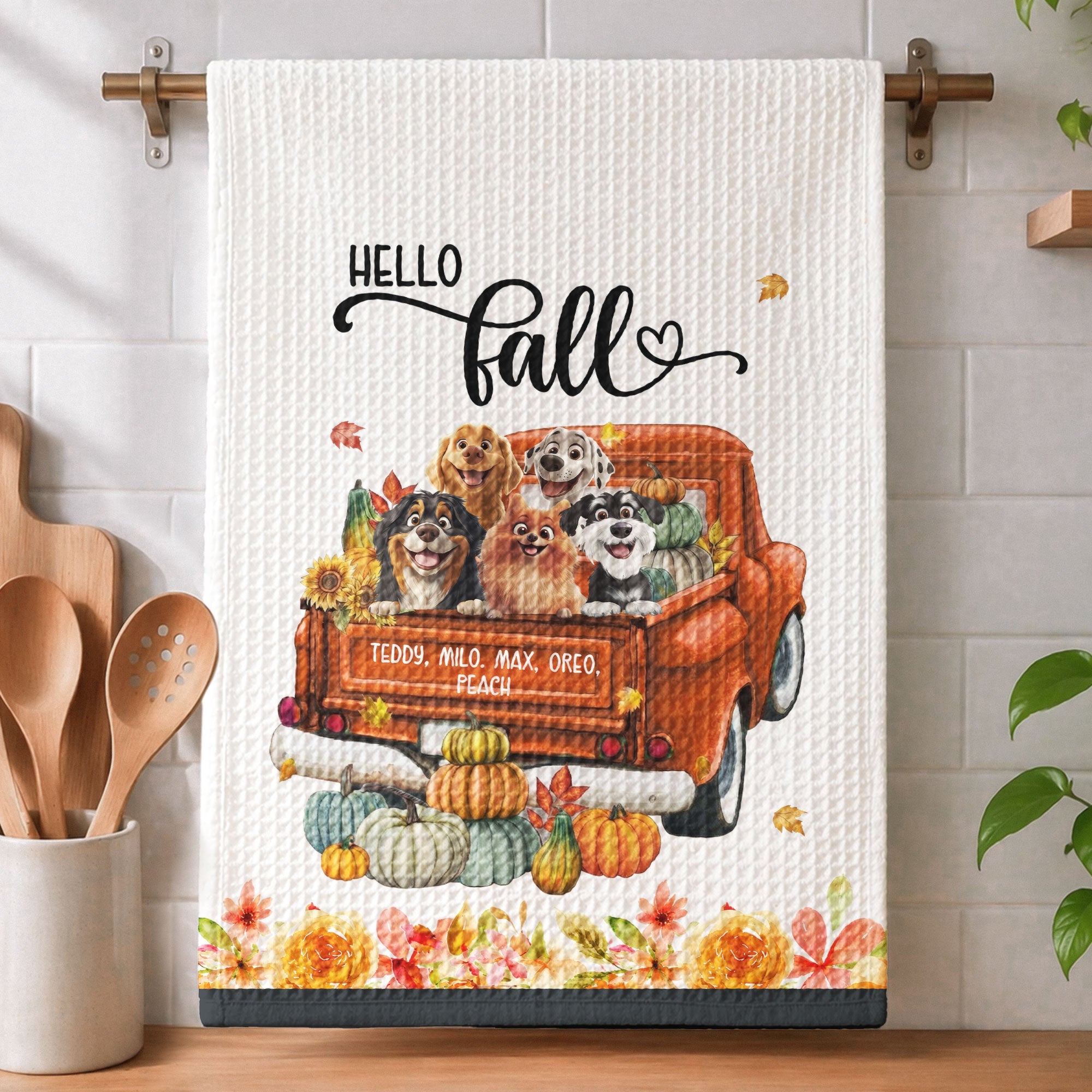 Pet With Pumpkin Truck Art Fall Decor - Personalized Kitchen Towel