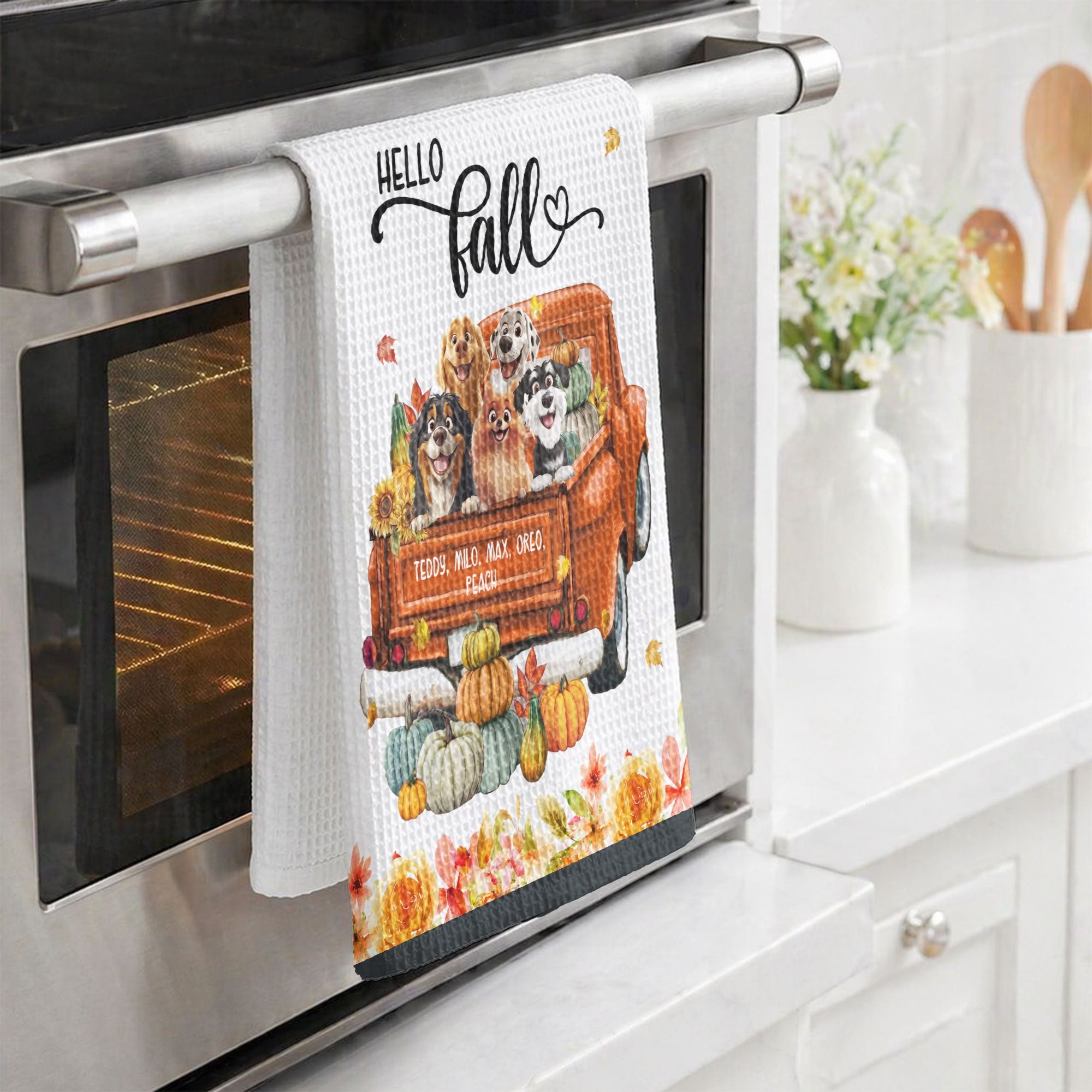 Pet With Pumpkin Truck Art Fall Decor - Personalized Kitchen Towel