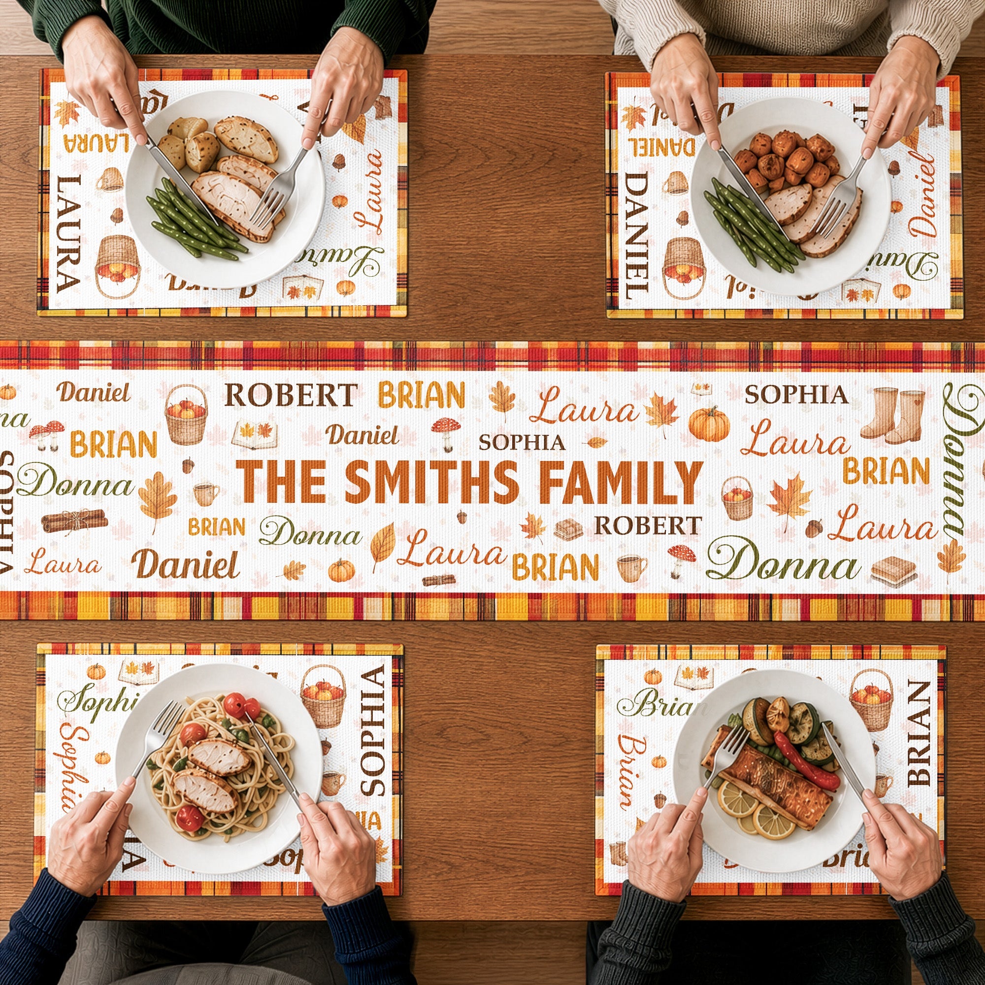 Repeating Names Autumn Leaves Pumpkin Pattern Decor - Personalized Table Runner Set