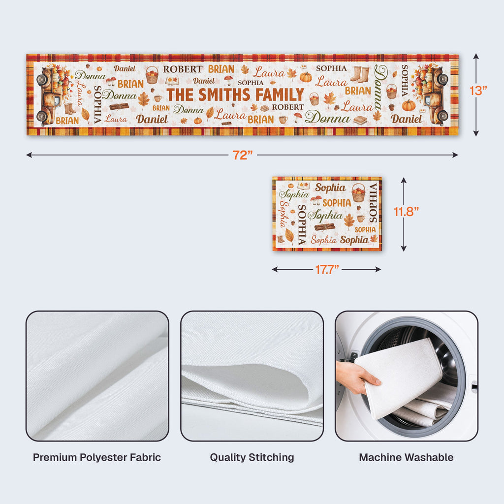 Repeating Names Autumn Leaves Pumpkin Pattern Decor - Personalized Table Runner Set