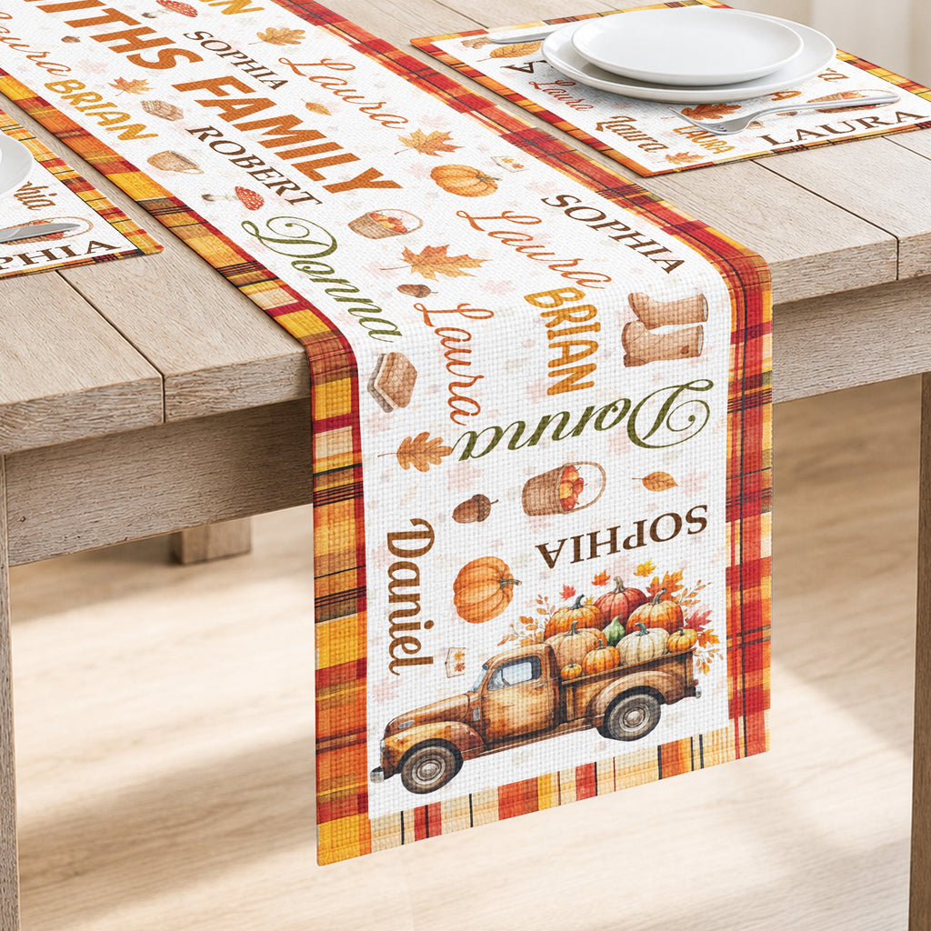 Repeating Names Autumn Leaves Pumpkin Pattern Decor - Personalized Table Runner Set