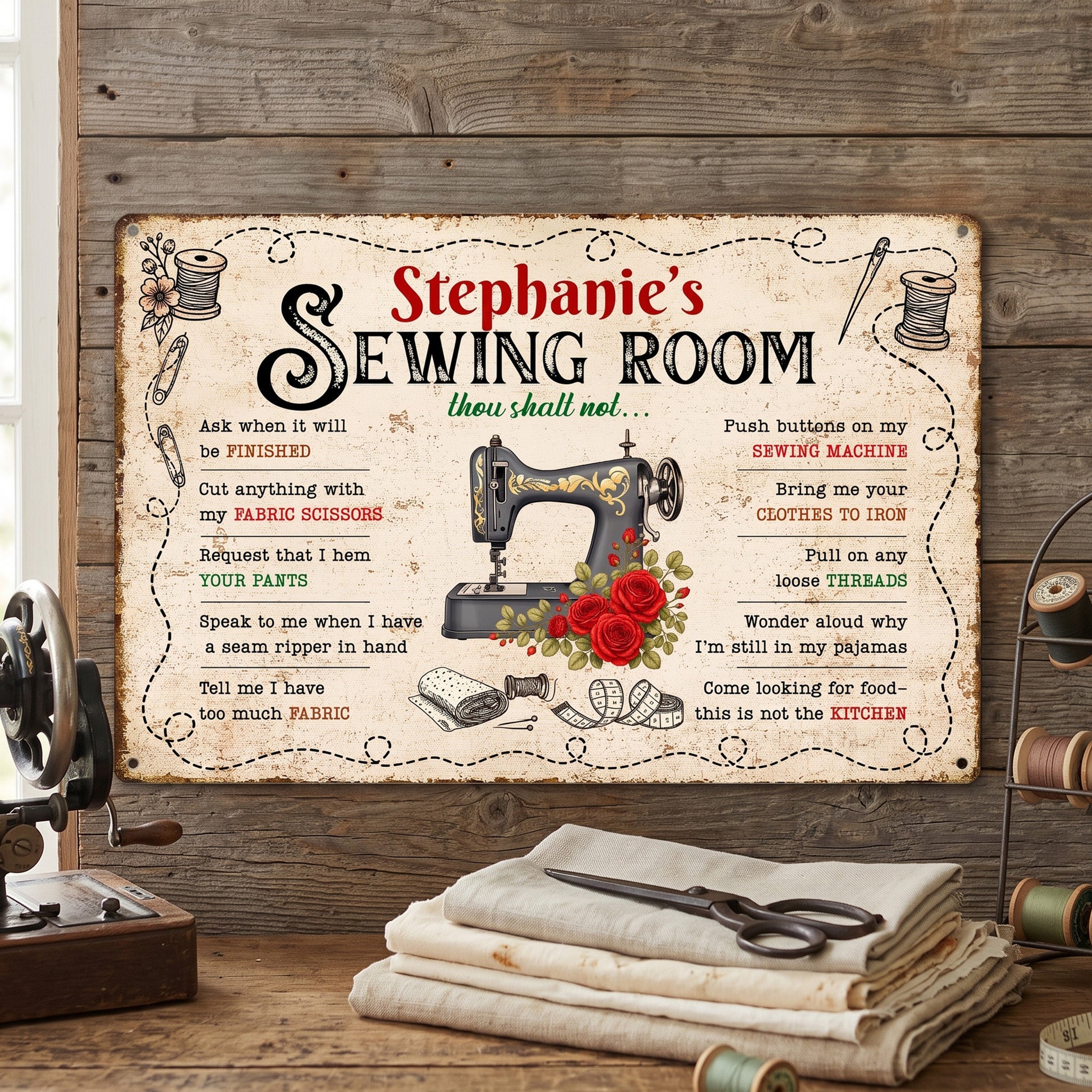 Sewing Room Thou Shalt Not… - Personalized Metal Sign