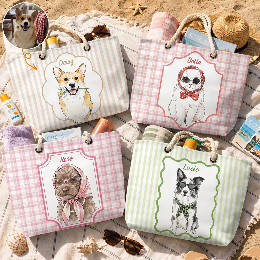 Summer Bag Custom Pet Portrait Watercolor Art - Personalized Beach Bag