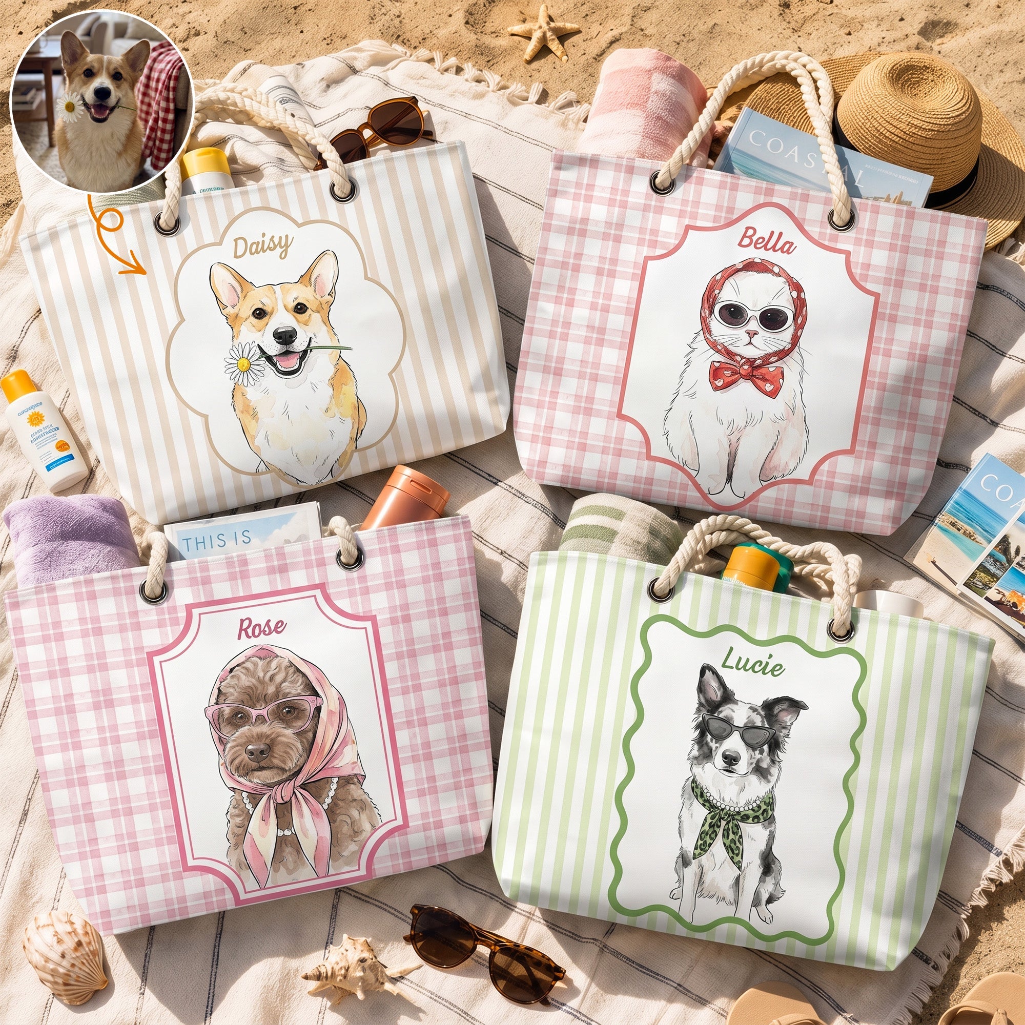 Summer Bag Custom Pet Portrait Watercolor Art - Personalized Beach Bag