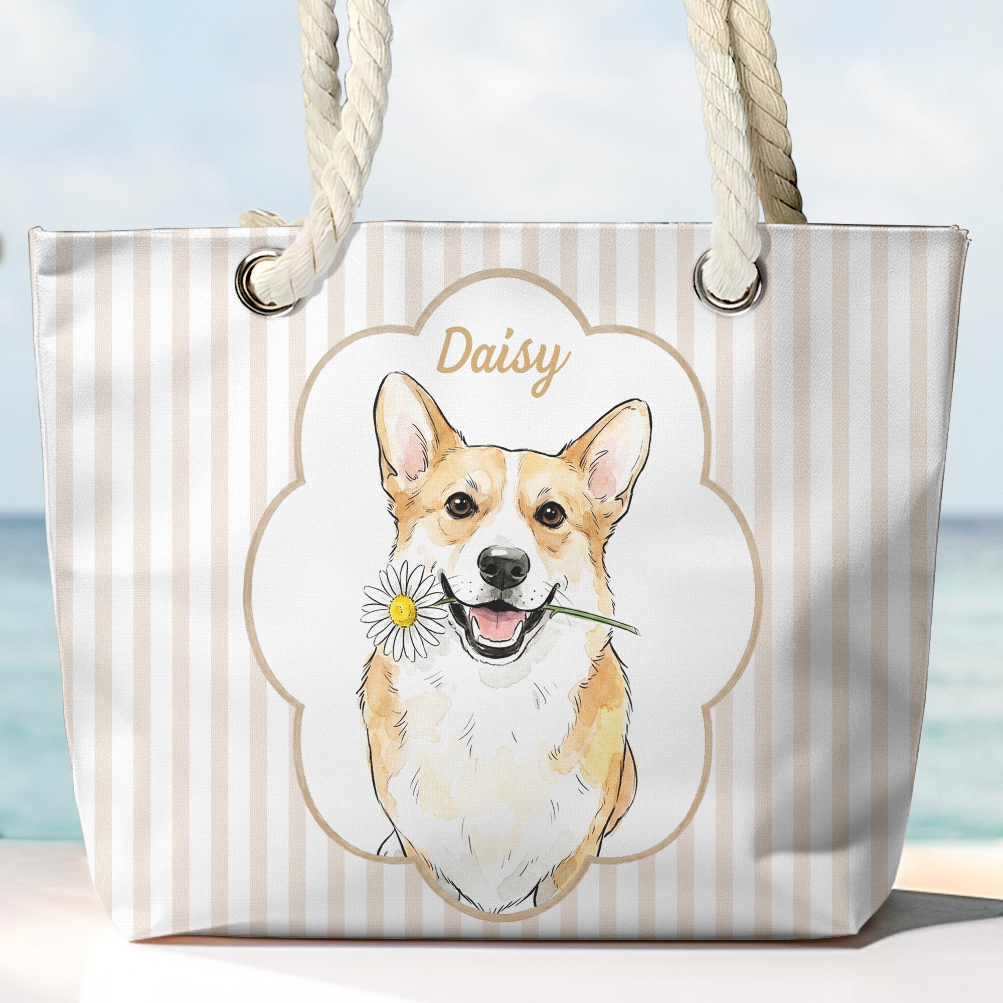 Summer Bag Custom Pet Portrait Watercolor Art - Personalized Beach Bag