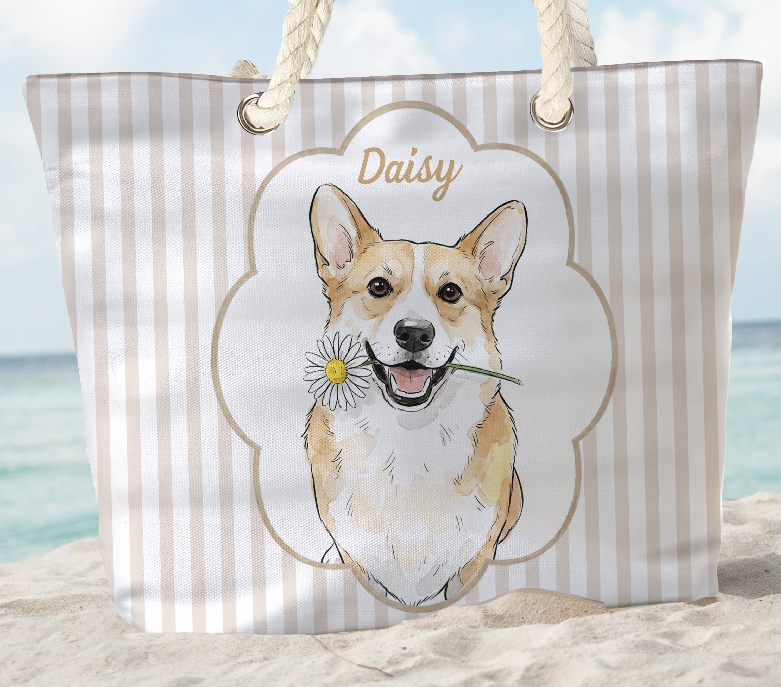 Summer Bag Custom Pet Portrait Watercolor Art - Personalized Beach Bag