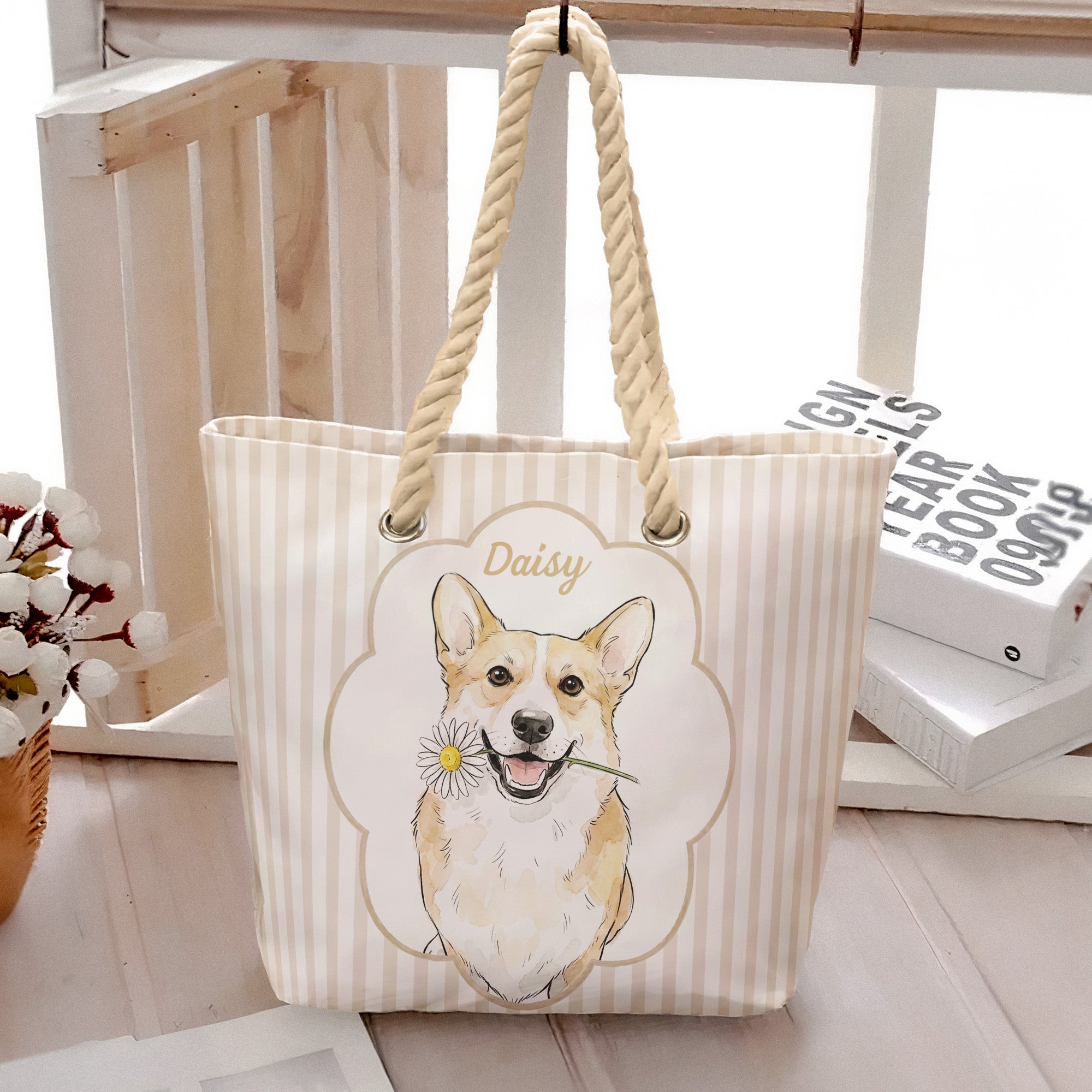 Summer Bag Custom Pet Portrait Watercolor Art - Personalized Beach Bag