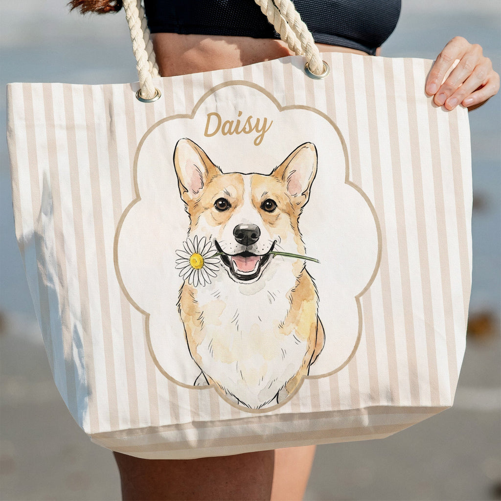Summer Bag Custom Pet Portrait Watercolor Art - Personalized Beach Bag