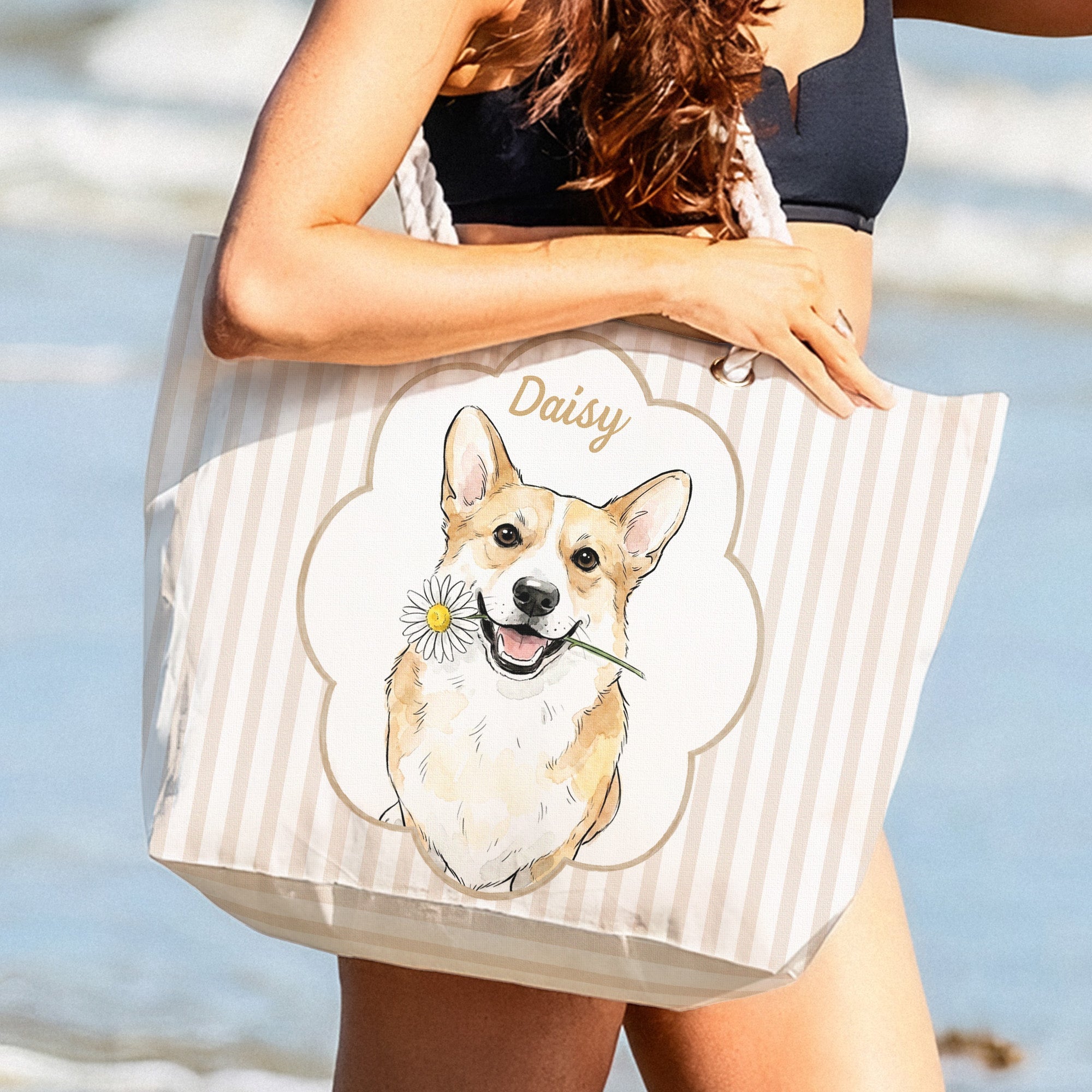 Summer Bag Custom Pet Portrait Watercolor Art - Personalized Beach Bag