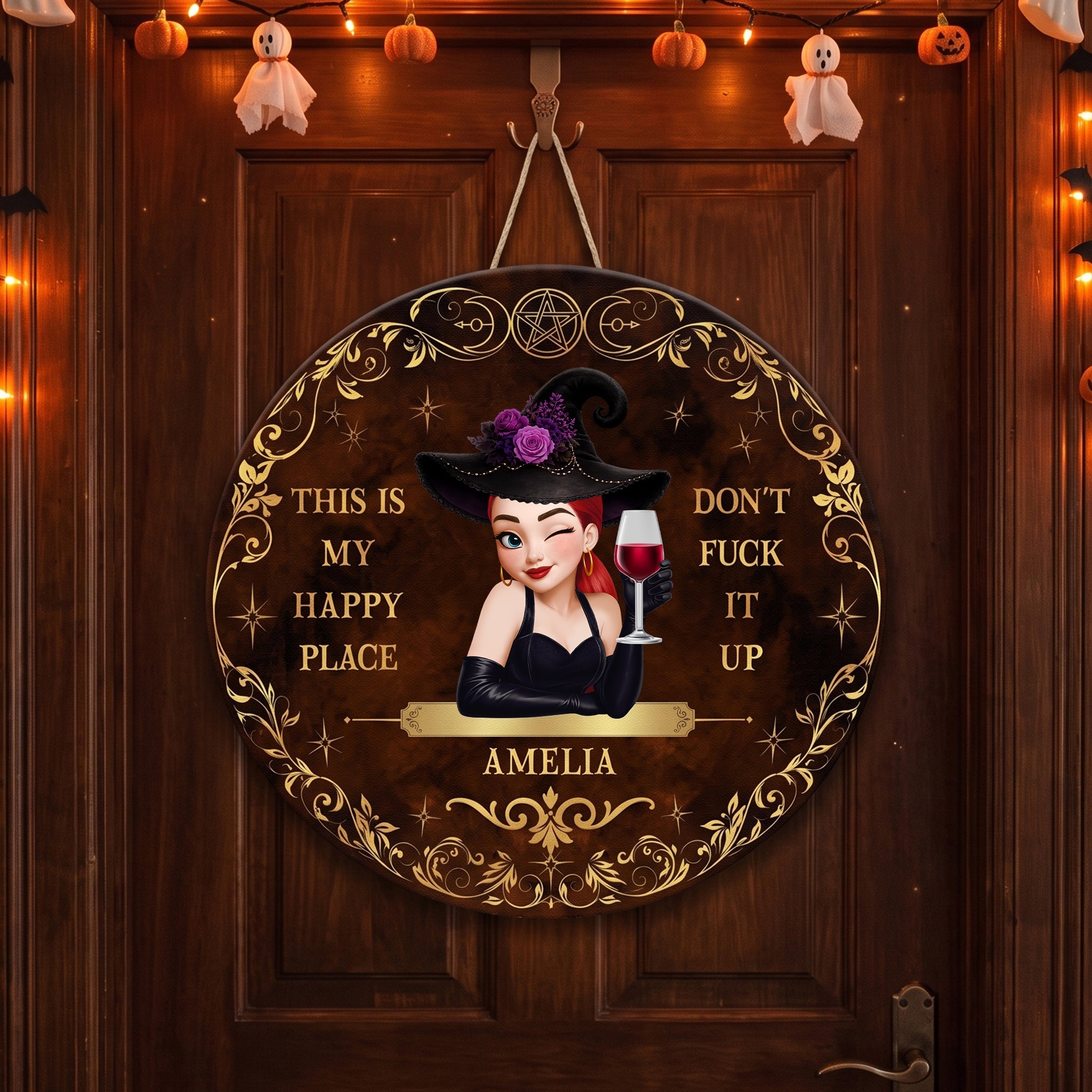 This Is My Happy Place Don't Fvck It Up Halloween Witch - Personalized Wood Sign