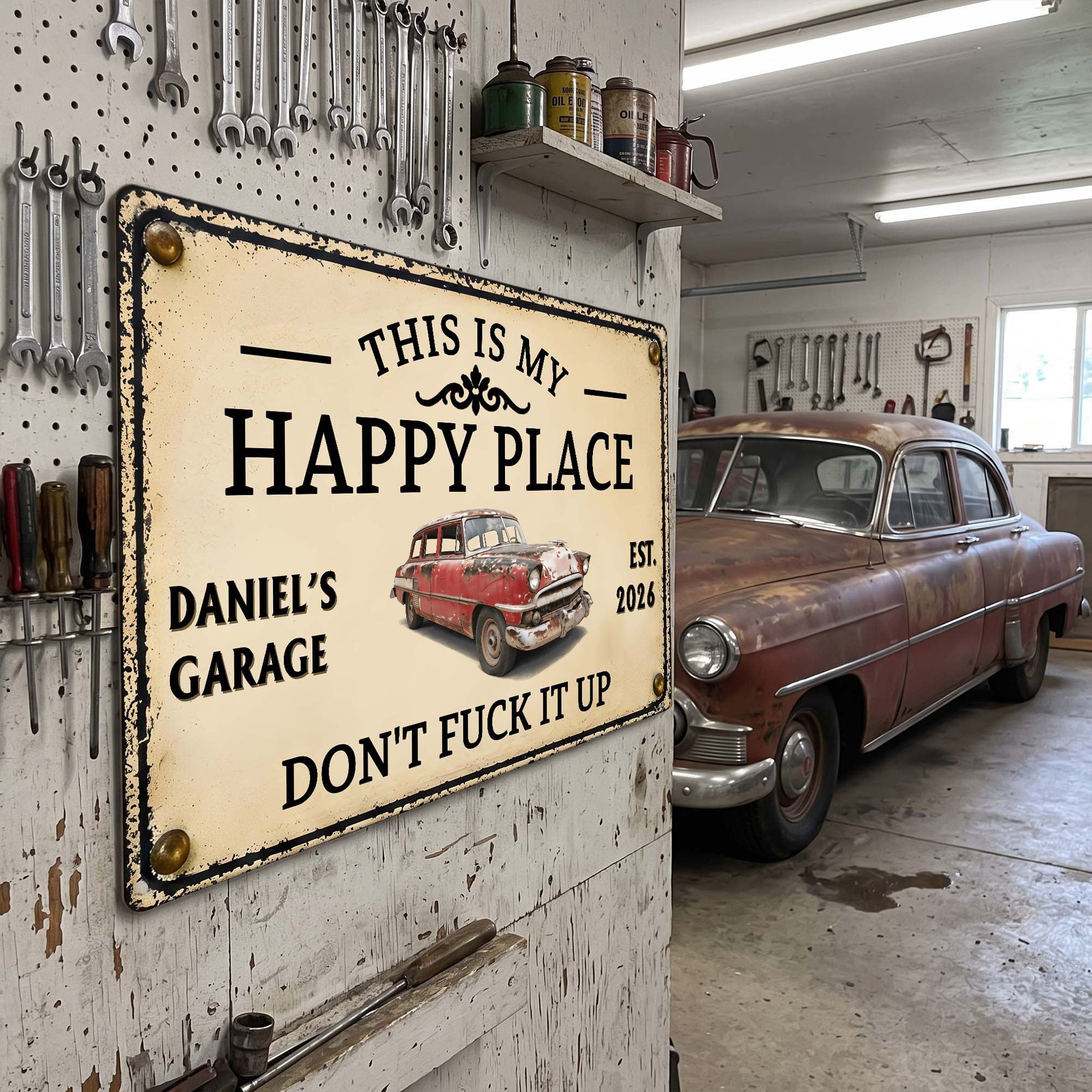 This Is My Happy Place Garage Sign, Gift For Men For Him - Personalized Metal Sign