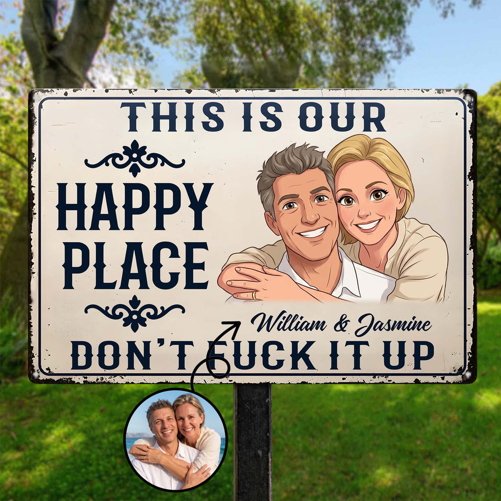 This Is Our Happy Place Custom Couple Photo Cartoon Art - Personalized Metal Sign