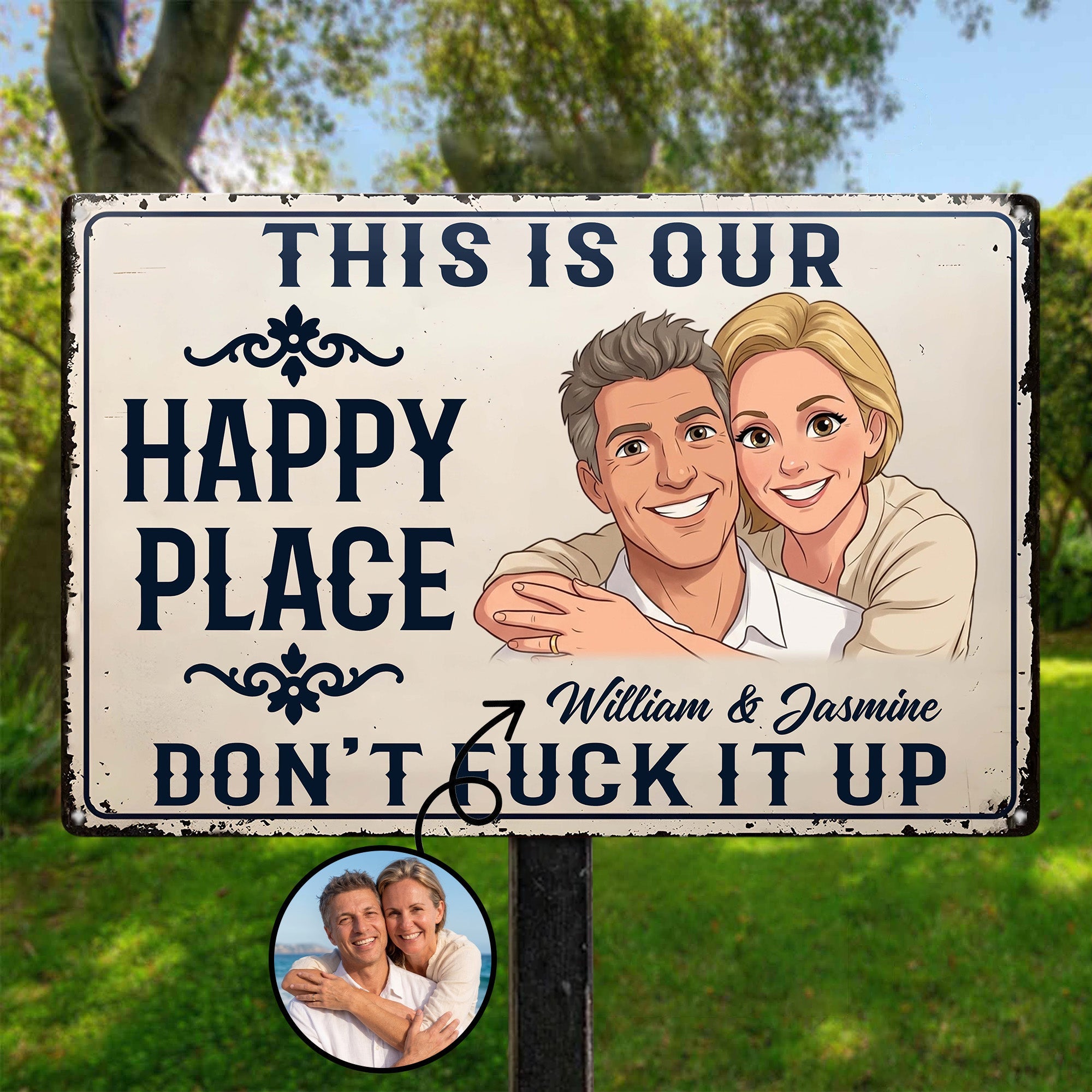 This Is Our Happy Place Custom Couple Photo Cartoon Art - Personalized Metal Sign